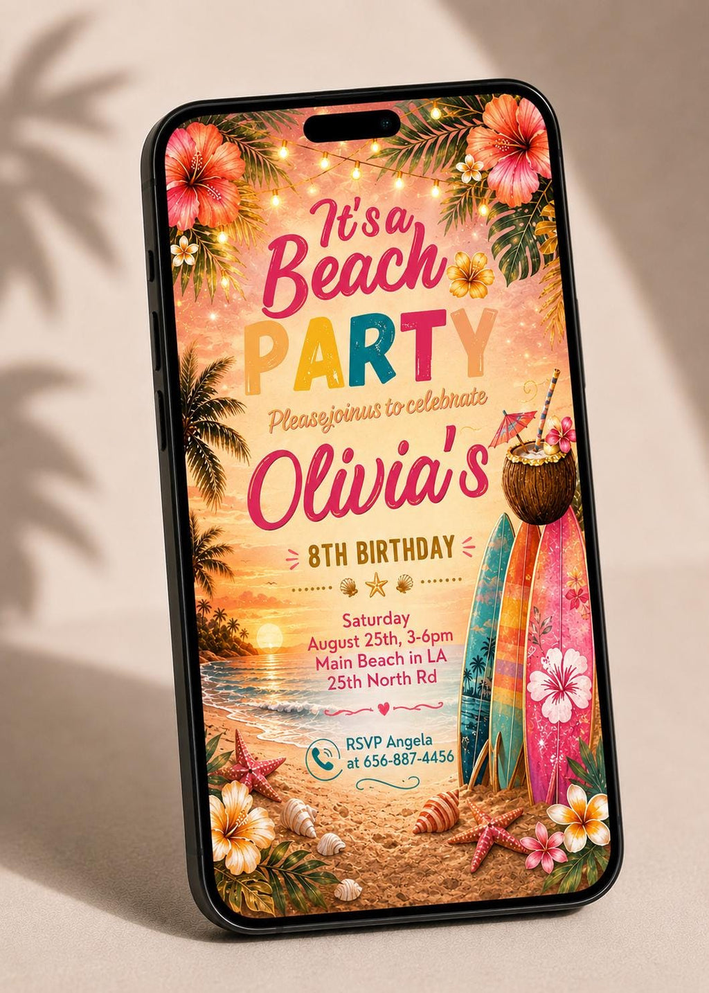 Editable Girl Surfing Beach Party Birthday Invitation - Surf's Up Surfboard Edit Invite Template Digital