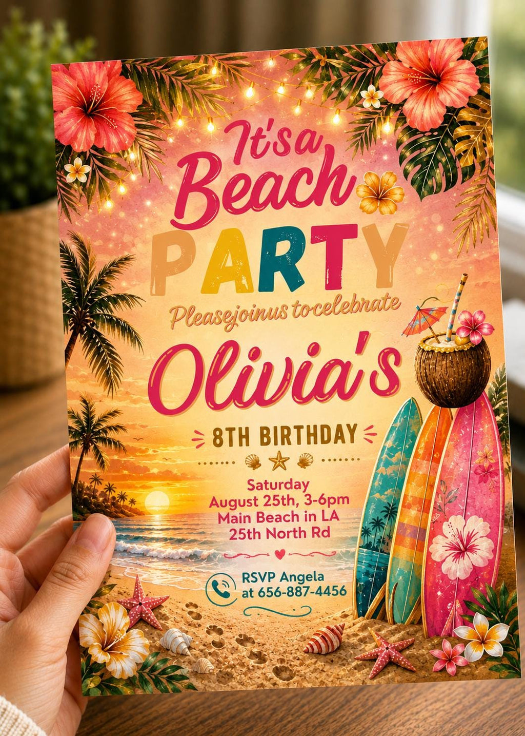 Editable Girl Surfing Beach Party Birthday Invitation - Surf's Up Surfboard Edit Invite Template Digital
