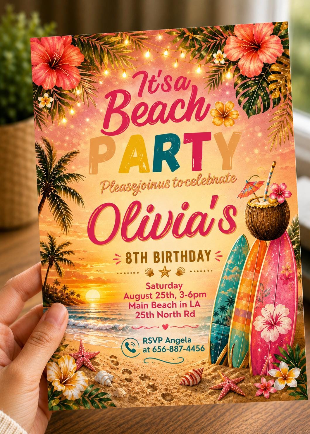 Editable Girl Surfing Beach Party Birthday Invitation - Surf's Up Surfboard Edit Invite Template Digital