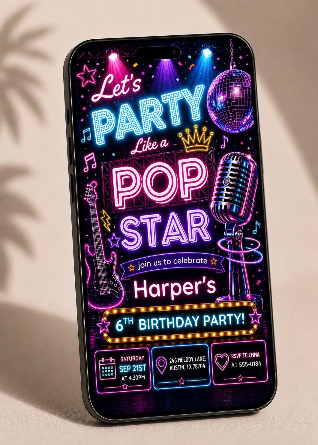 Pop Star Music Birthday Invitation, Pop Star Birthday Party, Neon Glow Party Like A Pop Star Girl Birthday Invite, Editable Canva Template