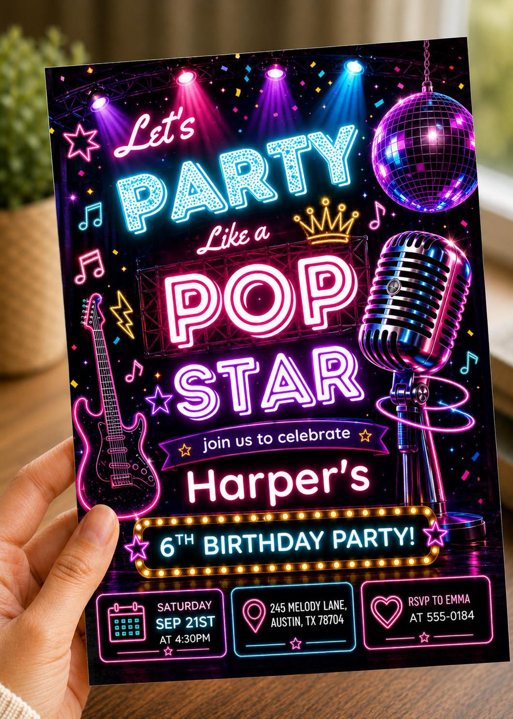 Pop Star Music Birthday Invitation, Pop Star Birthday Party, Neon Glow Party Like A Pop Star Girl Birthday Invite, Editable Canva Template