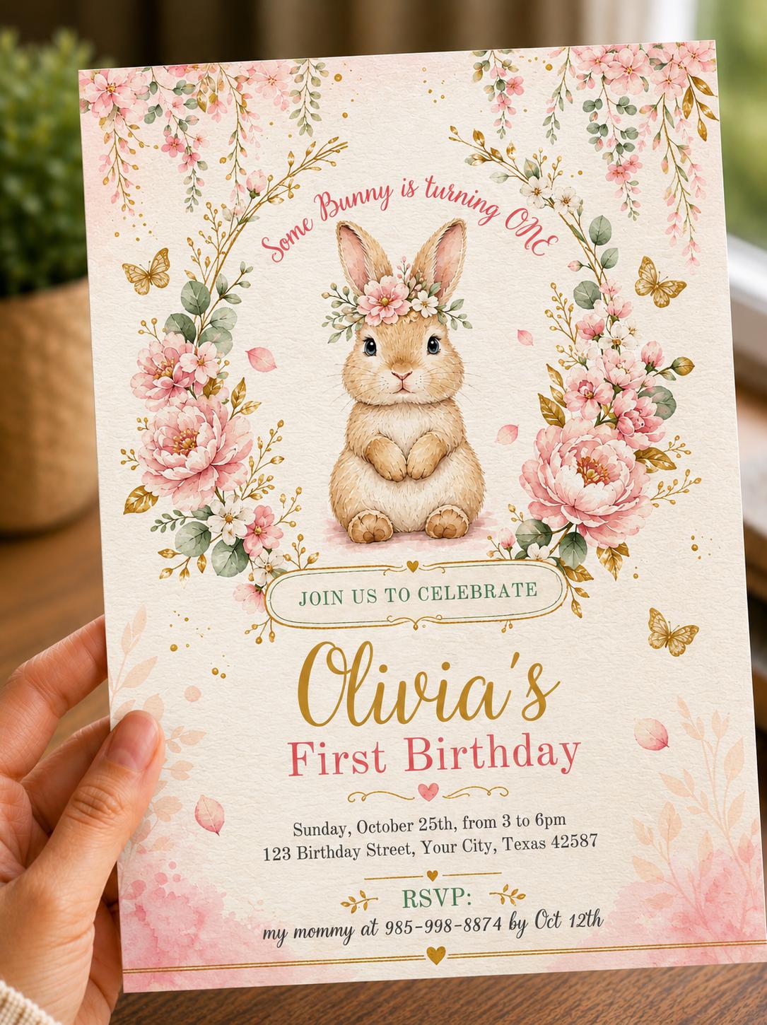 Editable Bunny Birthday invitation , Some Bunny is turning One Party invite , First 1st Birthday , bunny baby shower , Bunny Baby Shower