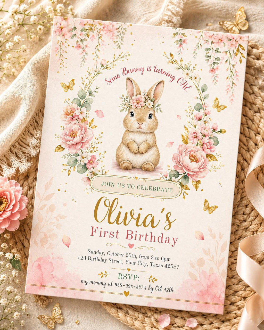 Editable Bunny Birthday invitation , Some Bunny is turning One Party invite , First 1st Birthday , bunny baby shower , Bunny Baby Shower