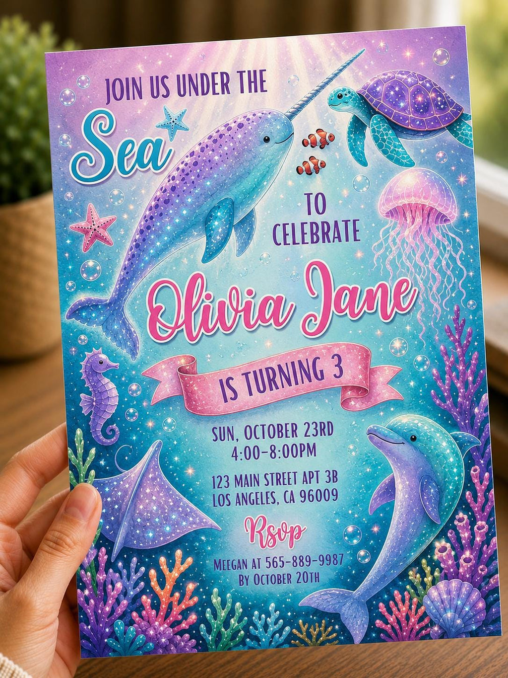 Under the sea Birthday Party invitation - Invite with dolphine turtle and narwhal - Instant download template digital