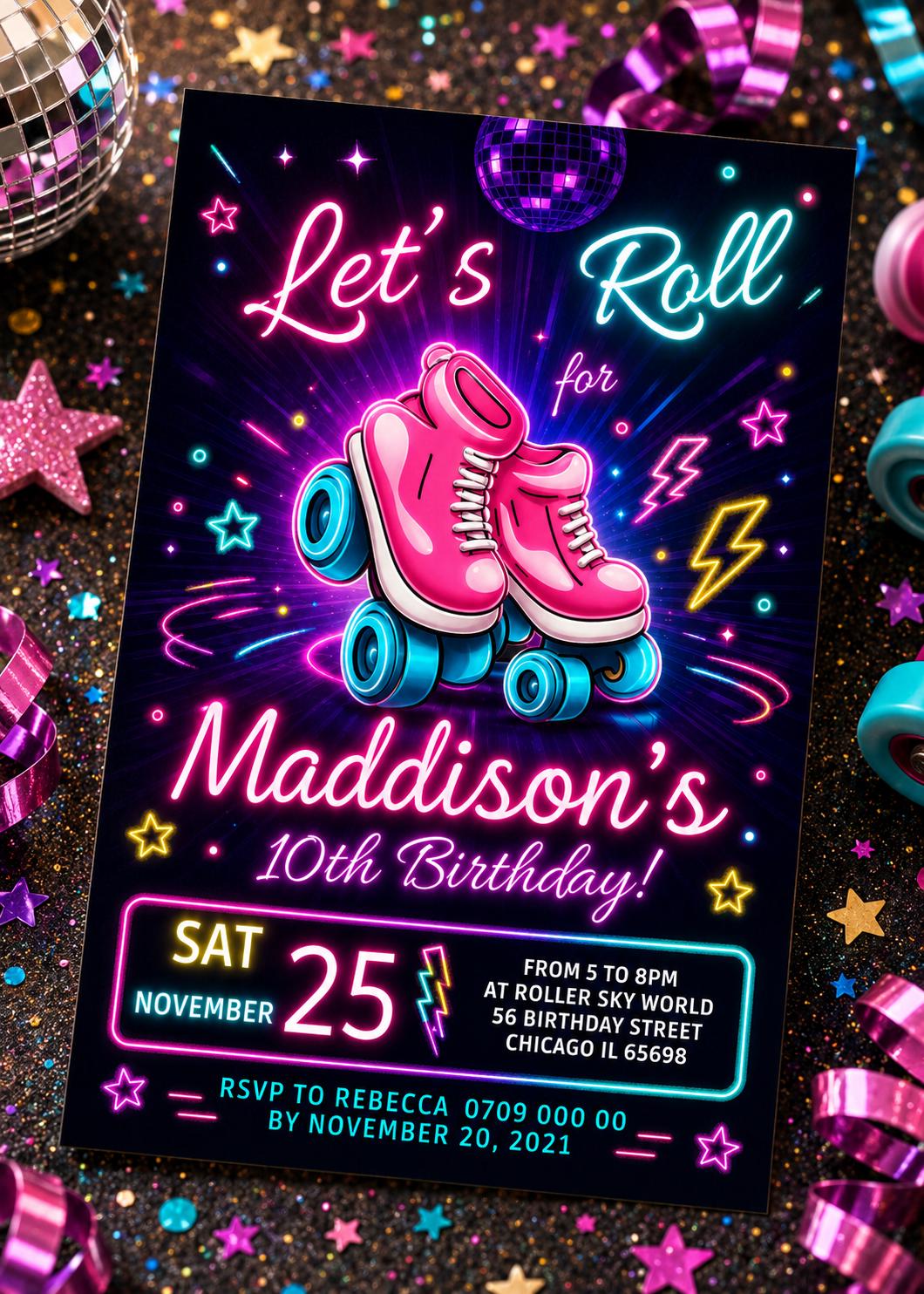 Roller Skating Birthday Party Invitation - Roller Skate invite for a girl - Instant download template digital