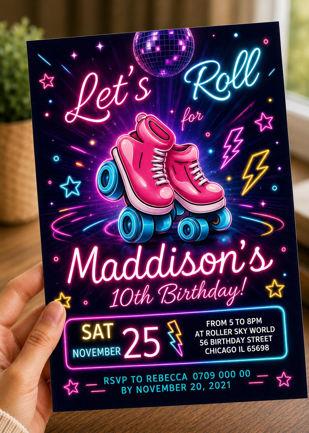 Roller Skating Birthday Party Invitation - Roller Skate invite for a girl - Instant download template digital