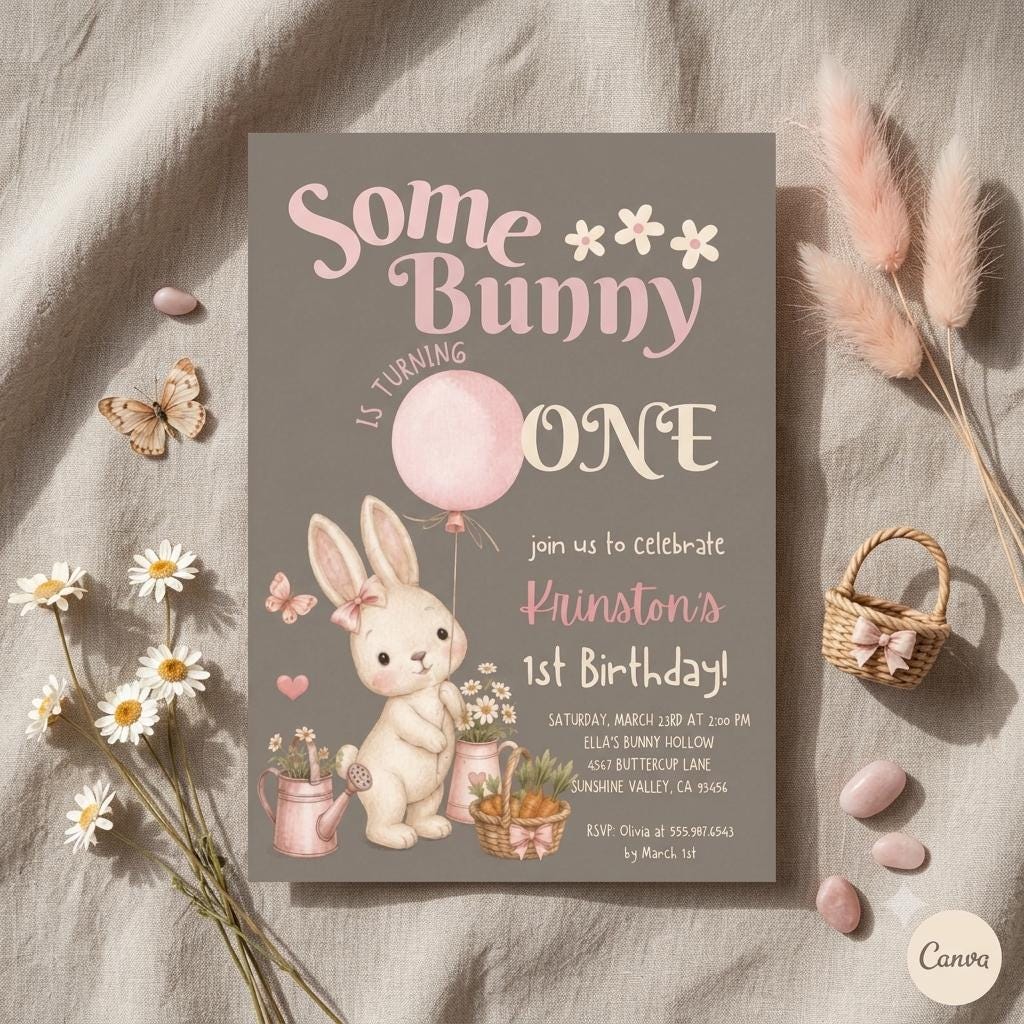 Some Bunny is Turning One Birthday Invitation , Bunny Birthday Party, Girls 1st Birthday, Spring Girls Birthday Party (Digital Download)