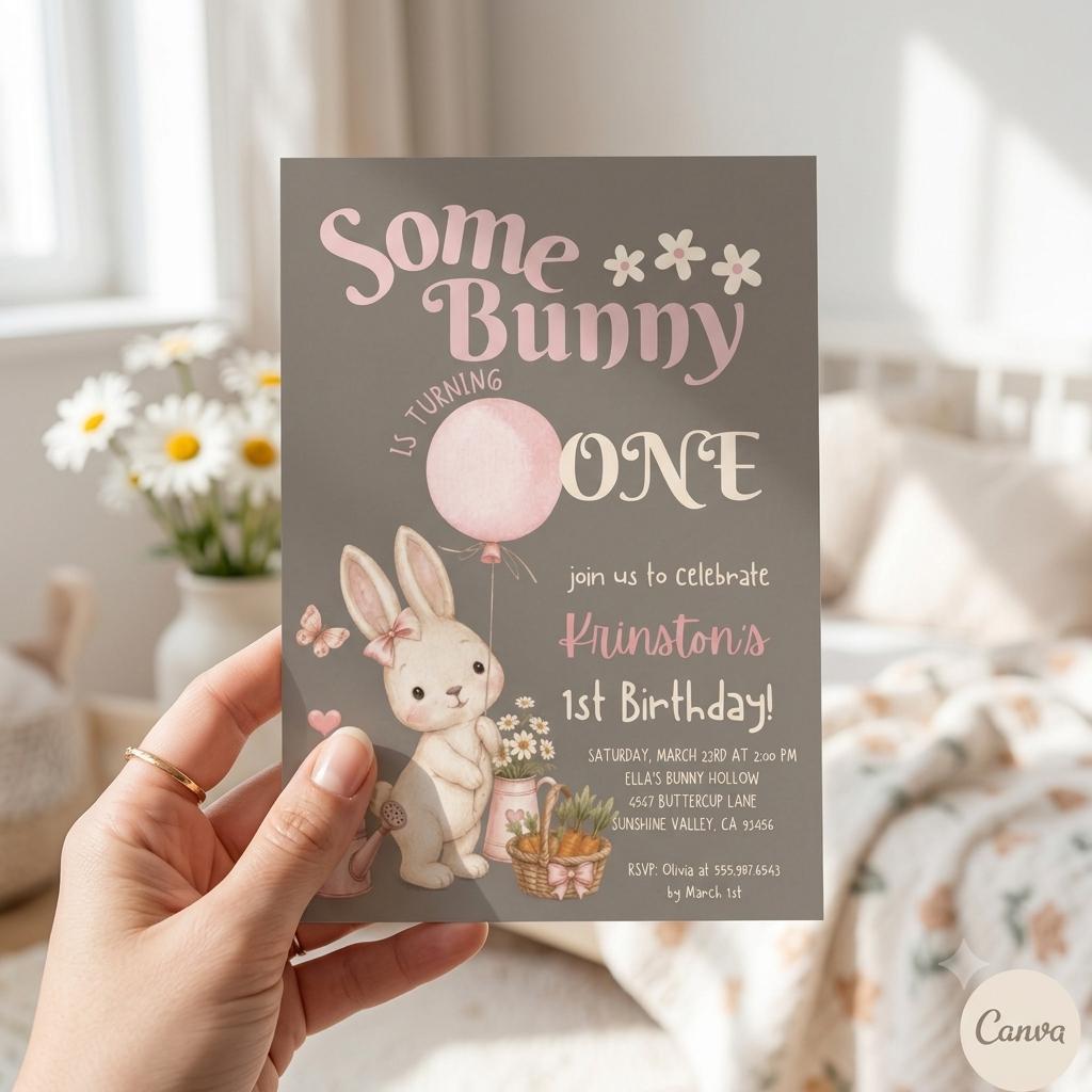 Some Bunny is Turning One Birthday Invitation , Bunny Birthday Party, Girls 1st Birthday, Spring Girls Birthday Party (Digital Download)