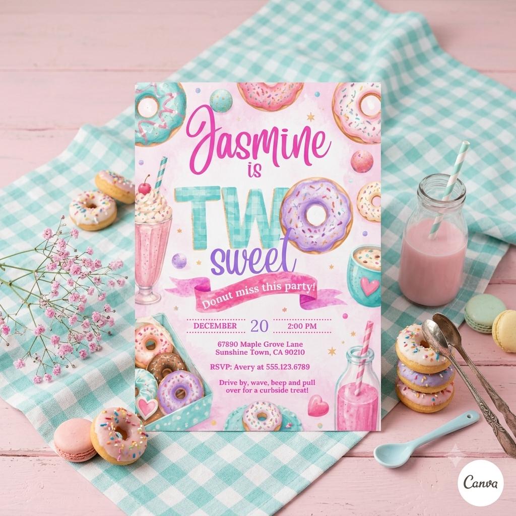 Editable Donut Birthday Invitation: Two Sweet Invitation, 2nd Birthday Invitation, Two Year Dessert , Candy Sweets Invite (Digital Download)