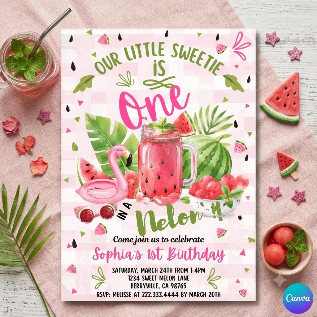 Watermelon Flamingo 1st Birthday , Watermelon Theme Party , Summer Celebration , Editable Canva Invite (Digital Download)