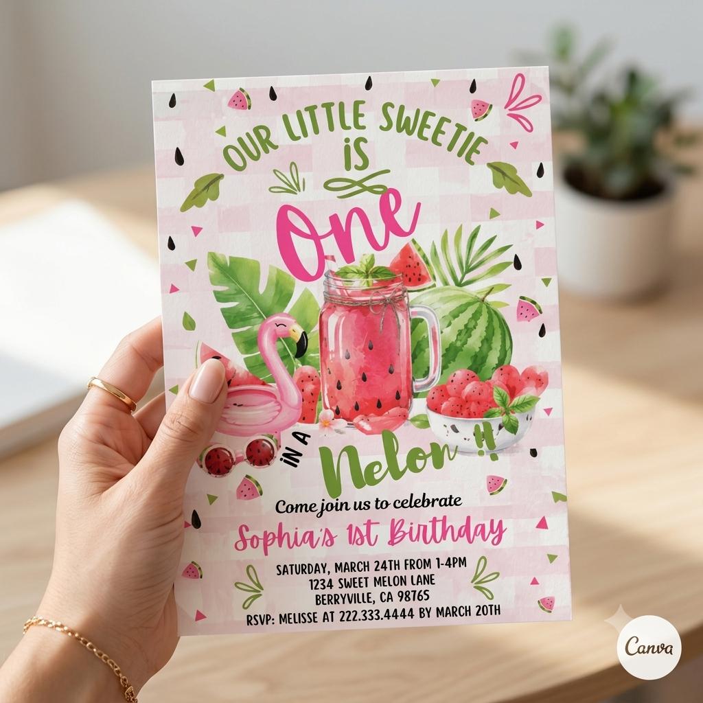 Watermelon Flamingo 1st Birthday , Watermelon Theme Party , Summer Celebration , Editable Canva Invite (Digital Download)