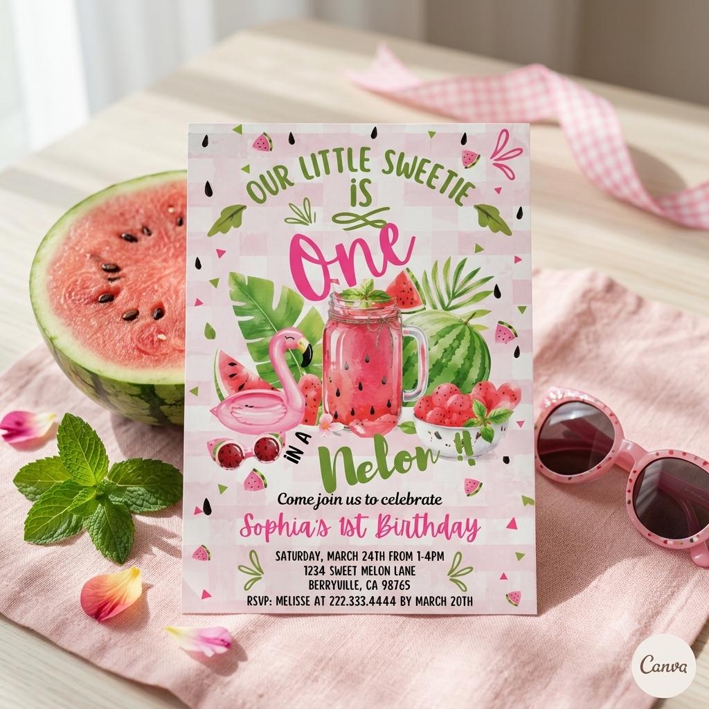 Watermelon Flamingo 1st Birthday , Watermelon Theme Party , Summer Celebration , Editable Canva Invite (Digital Download)