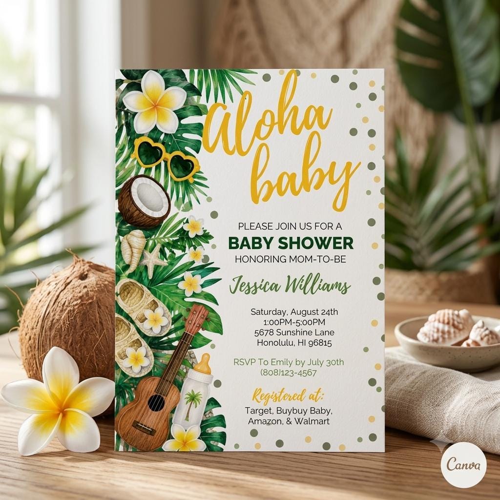 Editable Aloha Baby Shower Invitation Template , Printable Luau Party Invitation, Tropical Summer Theme Card (Digital Download)
