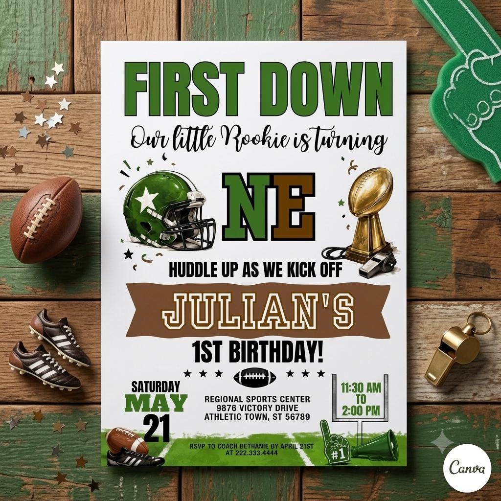 Football 1st Birthday Invitation Template: Julian's Rookie Party (Digital Download)