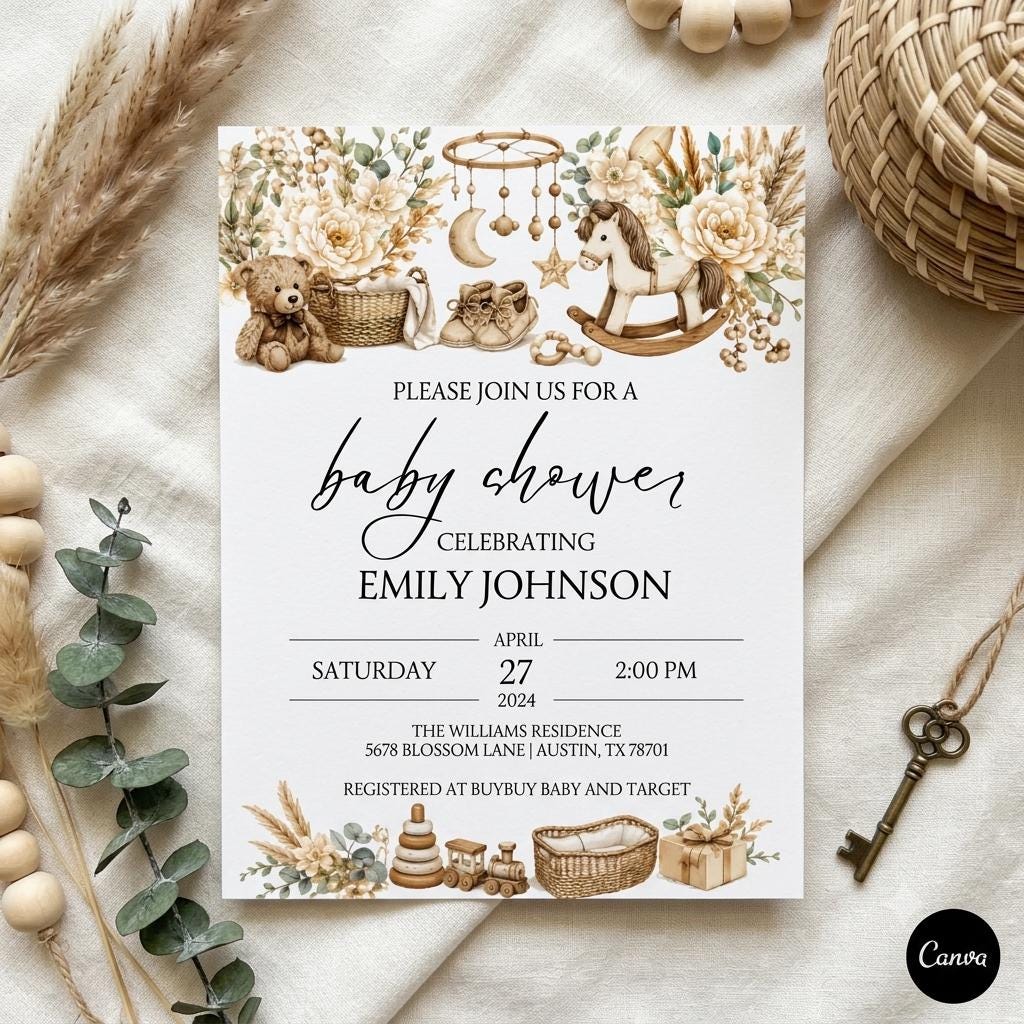 Editable Baby Shower Invitation Template: Boho Floral Design (Digital Download)