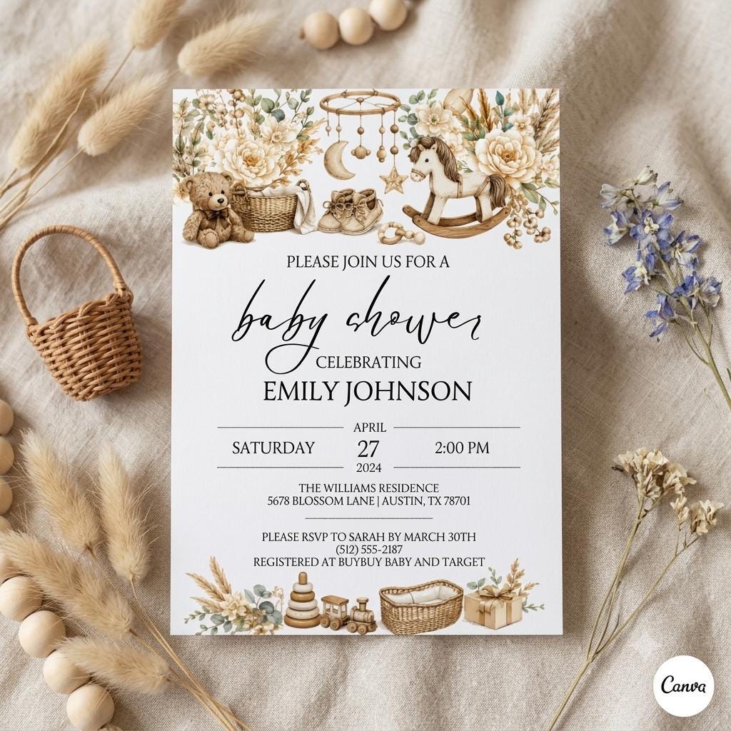 Editable Baby Shower Invitation Template: Boho Floral Design (Digital Download)