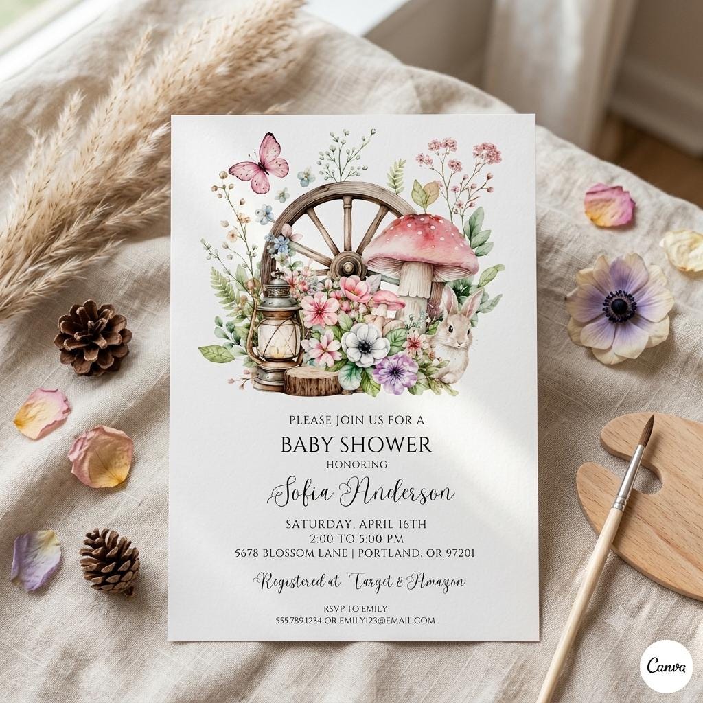 Woodland Baby Shower Invitation Template: Mushroom Baby Shower Invitation, Mushroom Baby Shower Invitation (Digital Download)