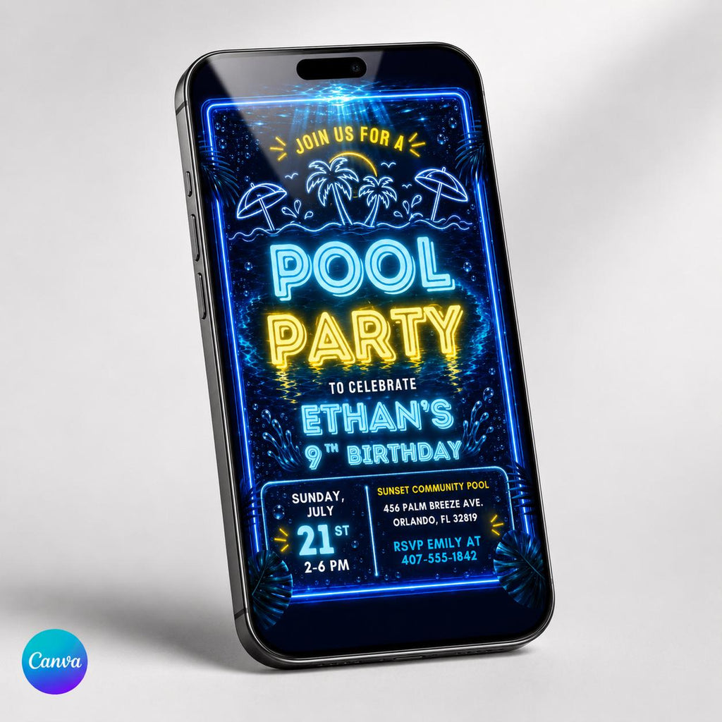 Pool Party Birthday Party Invitation Template, Hand Drawn Whimsical Swim Birthday Invite, Pink Bow Coquette Summer Birthday Pool Celebration