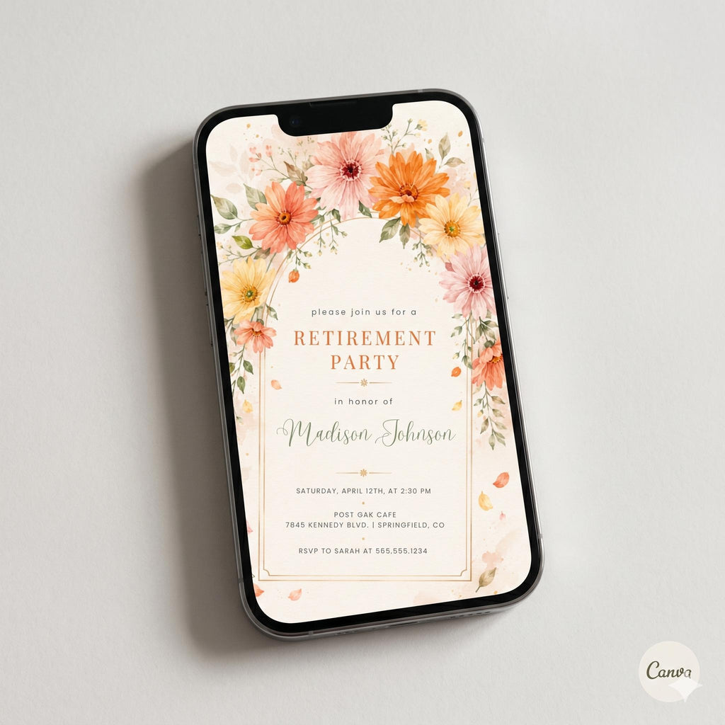 Pink and Orange Floral Retirement Invitation, Editable Digital File or Printed 5x7 Invites