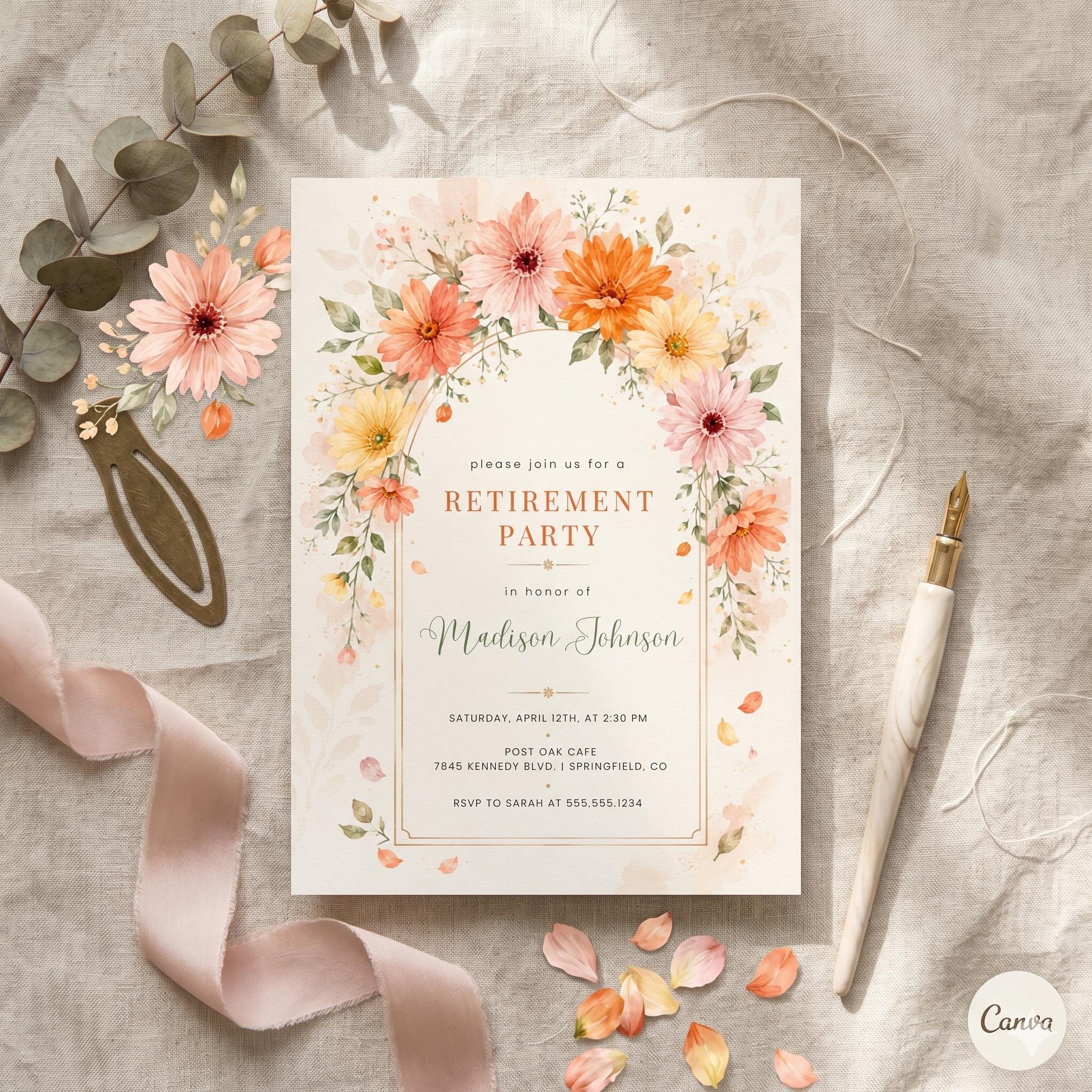 Pink and Orange Floral Retirement Invitation, Editable Digital File or Printed 5x7 Invites