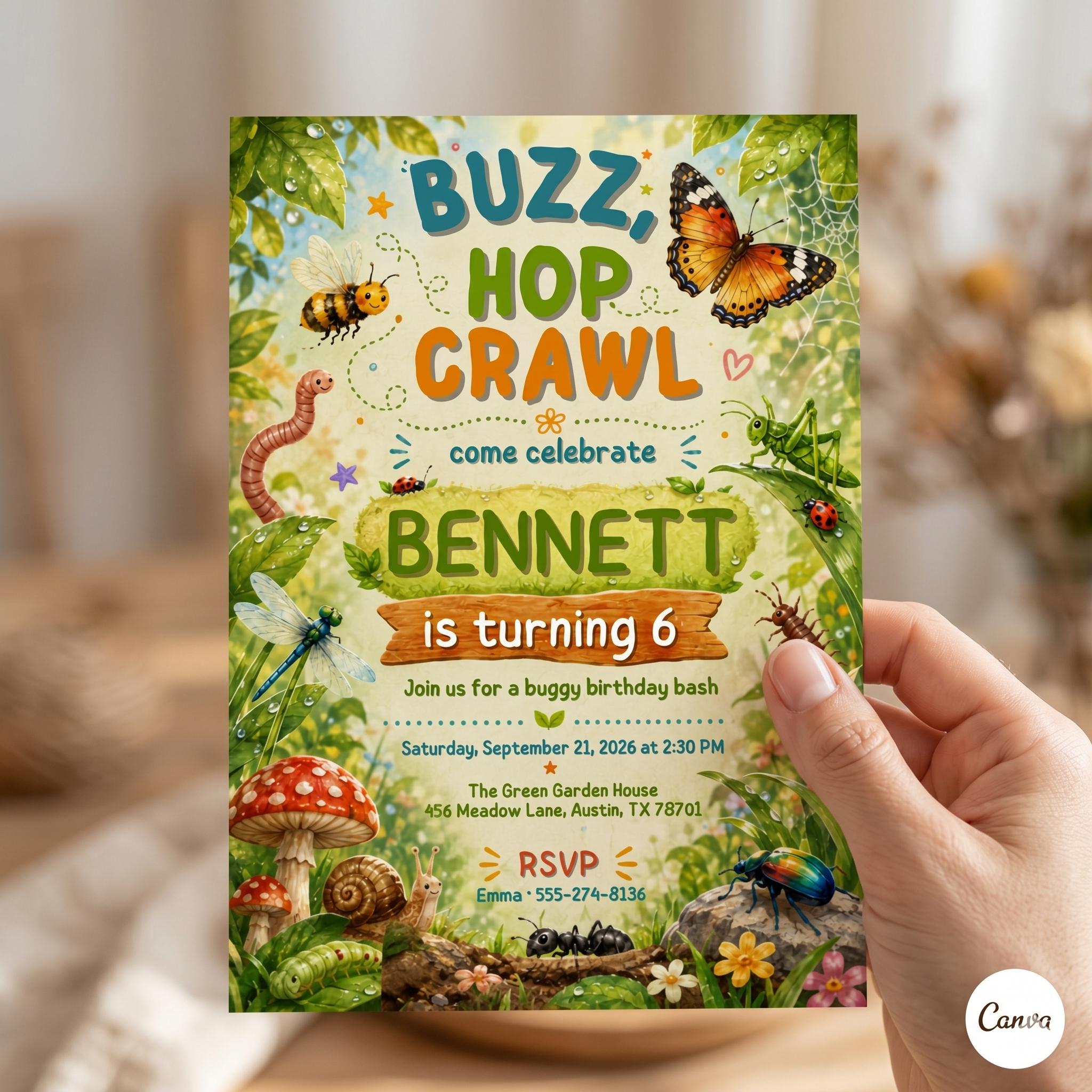 Insect Bugs Birthday Invitation, Buzz Hop Crawl, Outdoor Invite Nature Theme Party, Bugs Birthday Invitation, Canva Editable Template A6