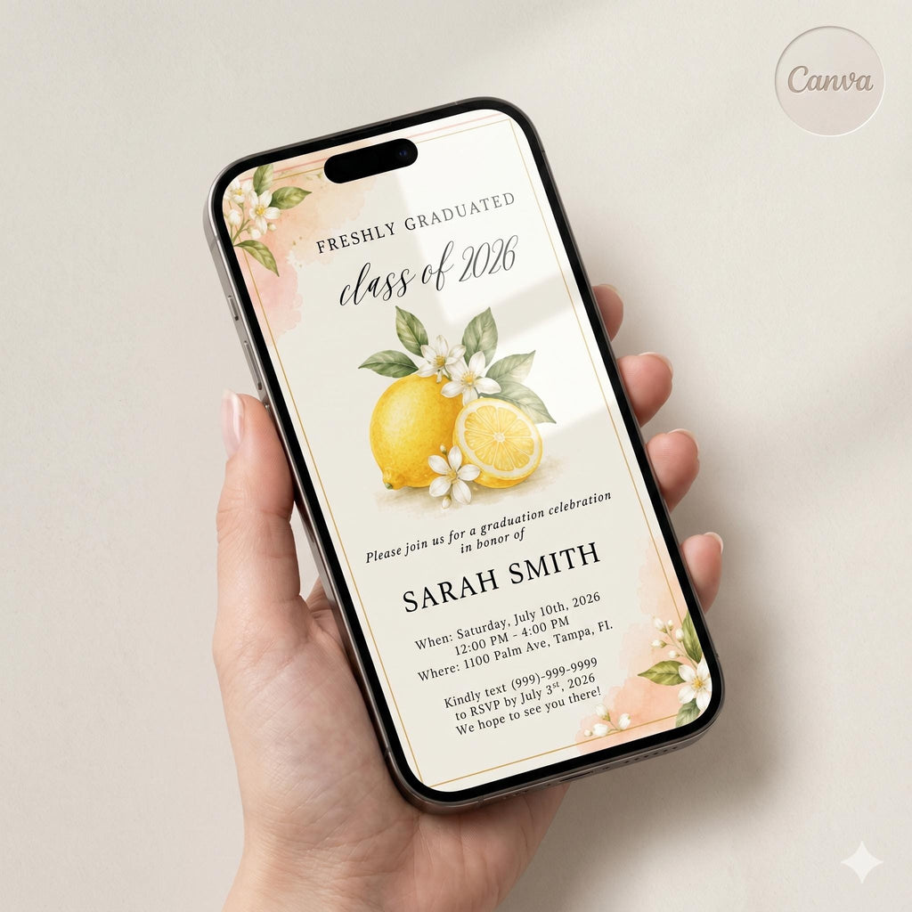 Freshly Graduated Invitation, Class of 2026 Grad Party Invite, Pink Lemon Citrus Grad Theme Invite, Custom Printed With Envelopes , A7