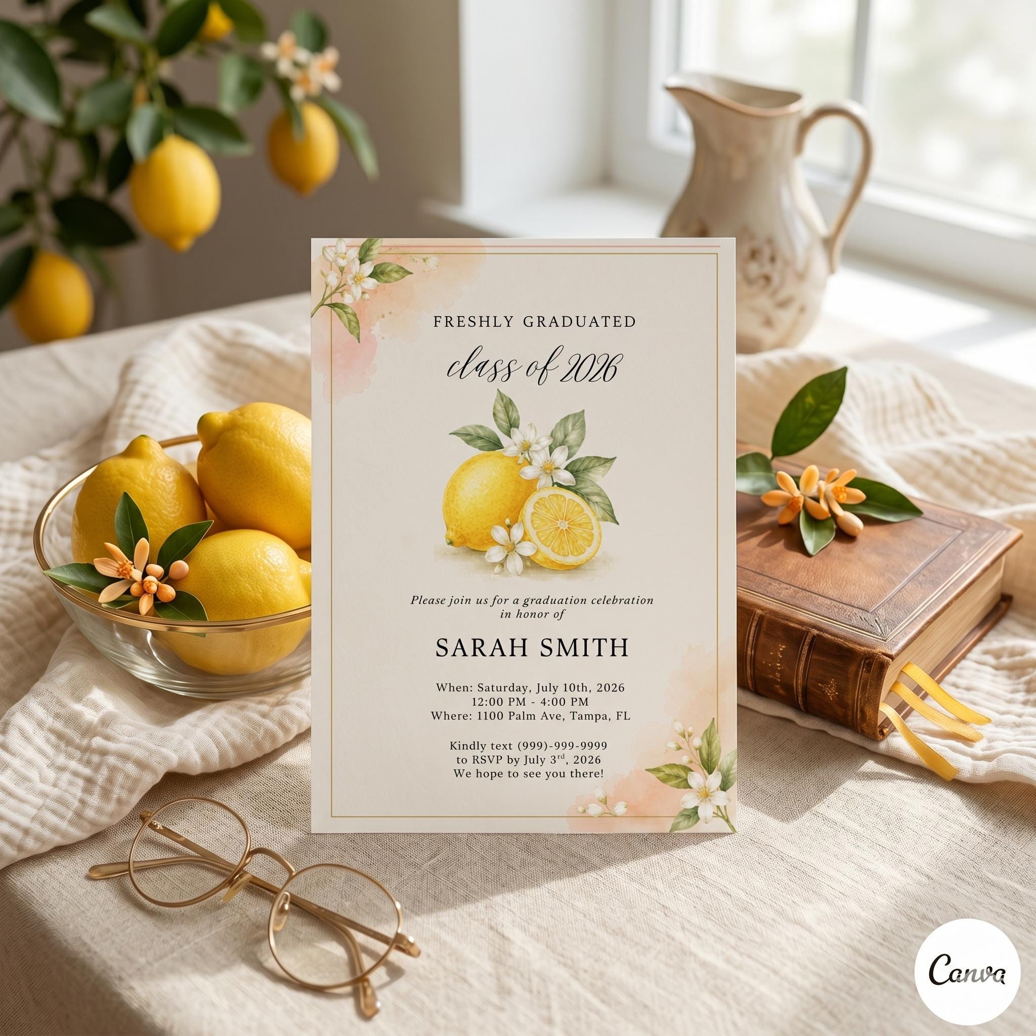 Freshly Graduated Invitation, Class of 2026 Grad Party Invite, Pink Lemon Citrus Grad Theme Invite, Custom Printed With Envelopes , A7