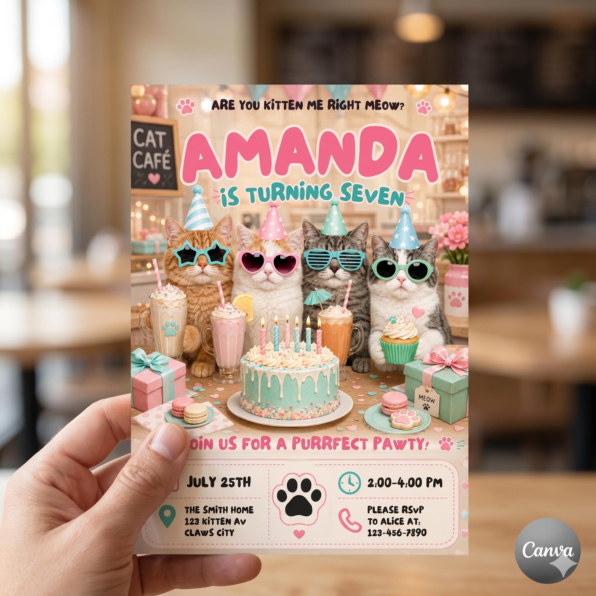 Funny Cat Birthday Invitation Card, Purrfect Pawty Kitten Party Invite, Custom Kids Birthday Invitation, editable canva (Digital Download)