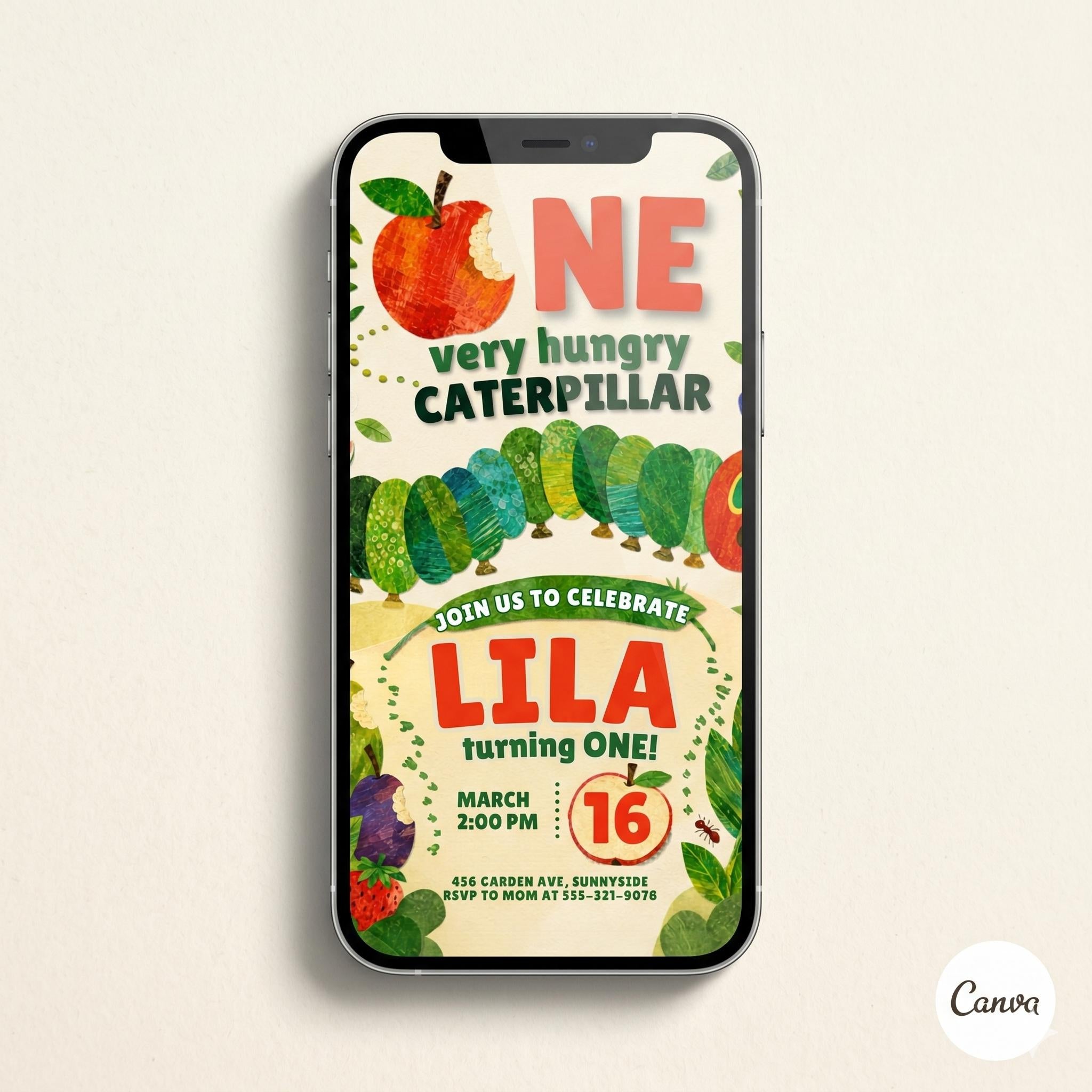 Very Hungry Caterpillar First Birthday Invitation, Hungry Caterpillar Invite, Kid Invitation, Any Age, Caterpillar Invitation Template