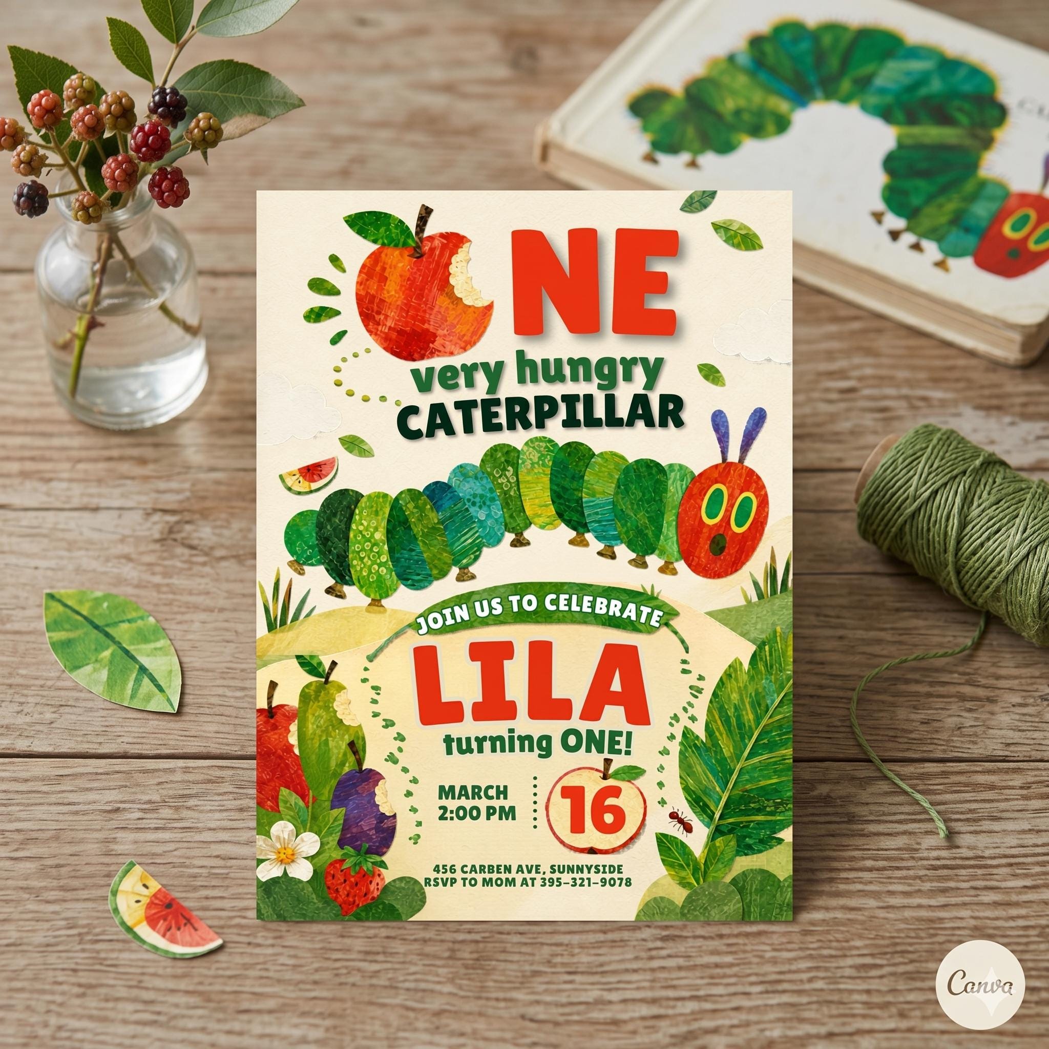 Very Hungry Caterpillar First Birthday Invitation, Hungry Caterpillar Invite, Kid Invitation, Any Age, Caterpillar Invitation Template