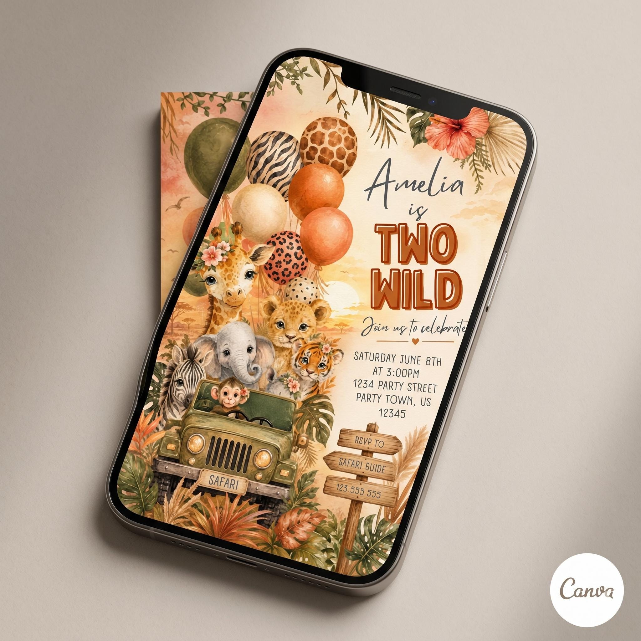 Two Wild Safari Birthday Invitation, Jungle Party Animals Invitation, Jungle Second Birthday Party Invite, canva template