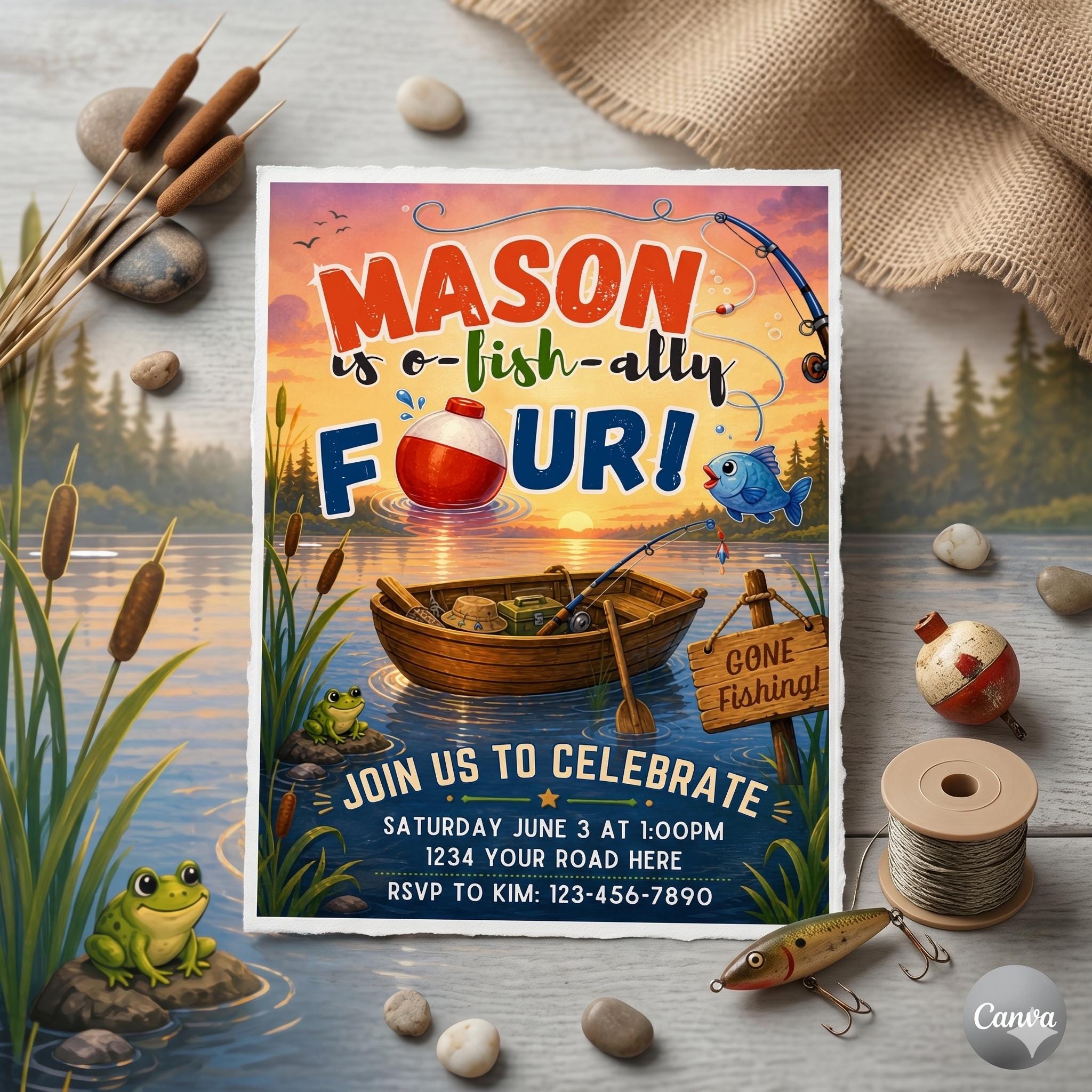 Ofishally Four Invitation, Fishing Birthday Invitation, Fish 4th Birthday Invite, The Big One Invitation, Fish Ally Invite, canva template