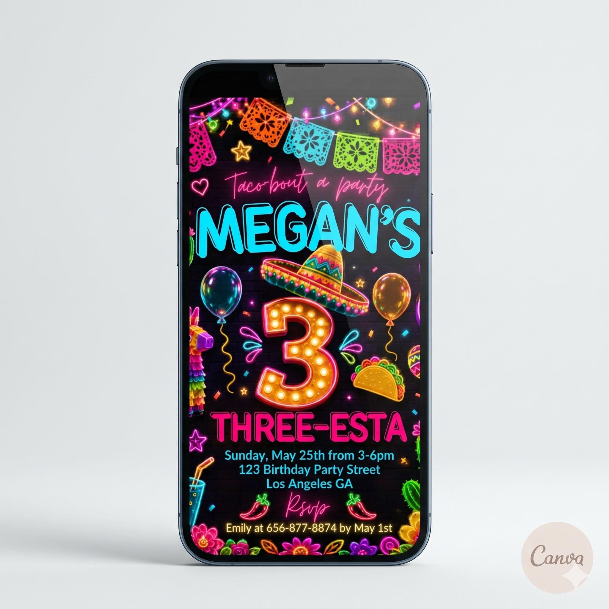 Three-esta Birthday Party invitation - Fiesta 3rd Bday invites for a girl - Edit template Custom, editable canva template