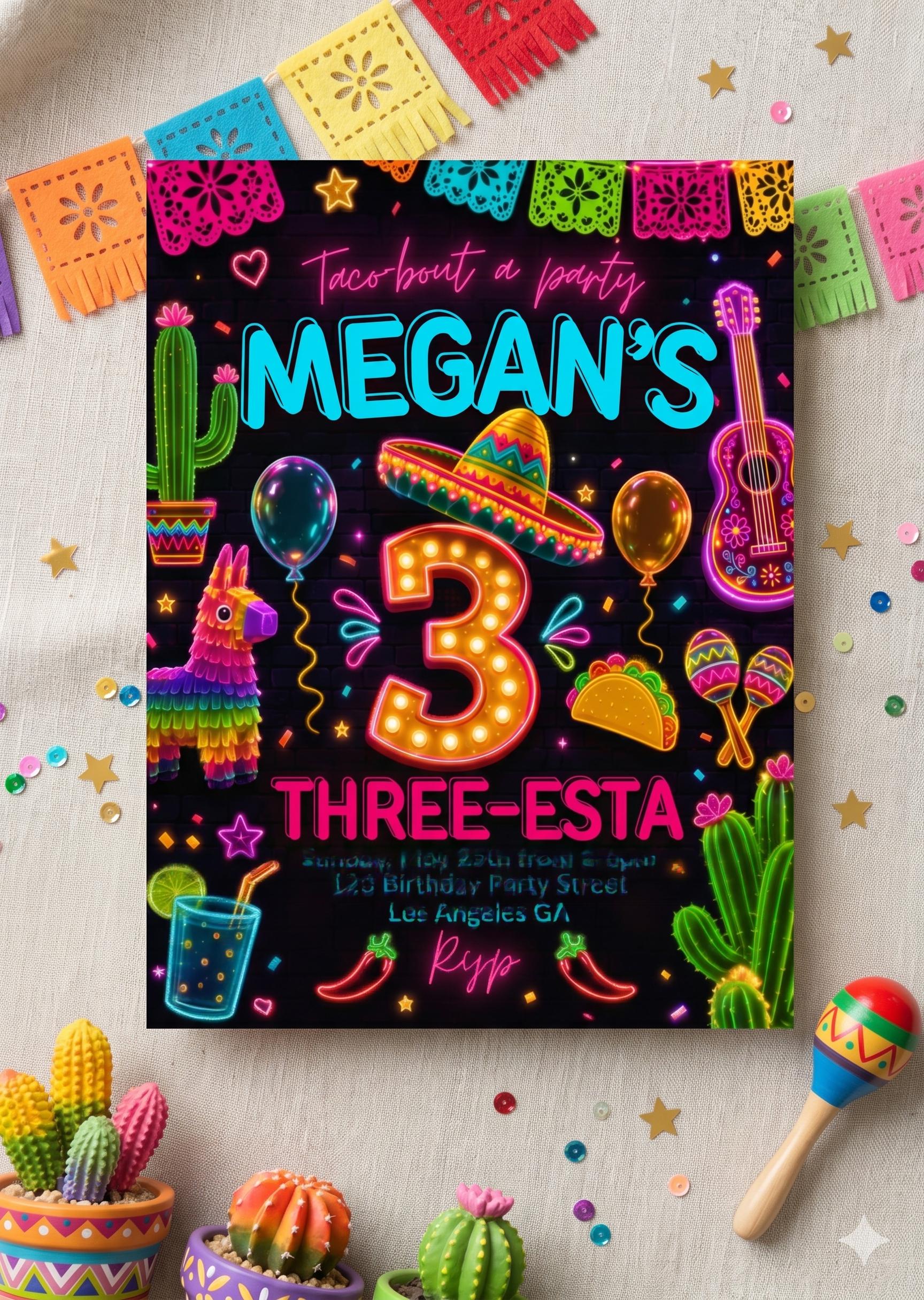 Three-esta Birthday Party invitation - Fiesta 3rd Bday invites for a girl - Edit template Custom, editable canva template