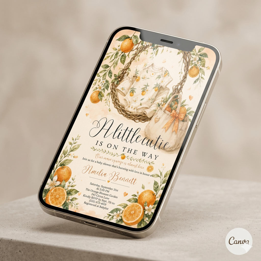 A Little Cutie is on the way Baby Shower Invitation, Orange Citrus Invite, Digital Editable Template