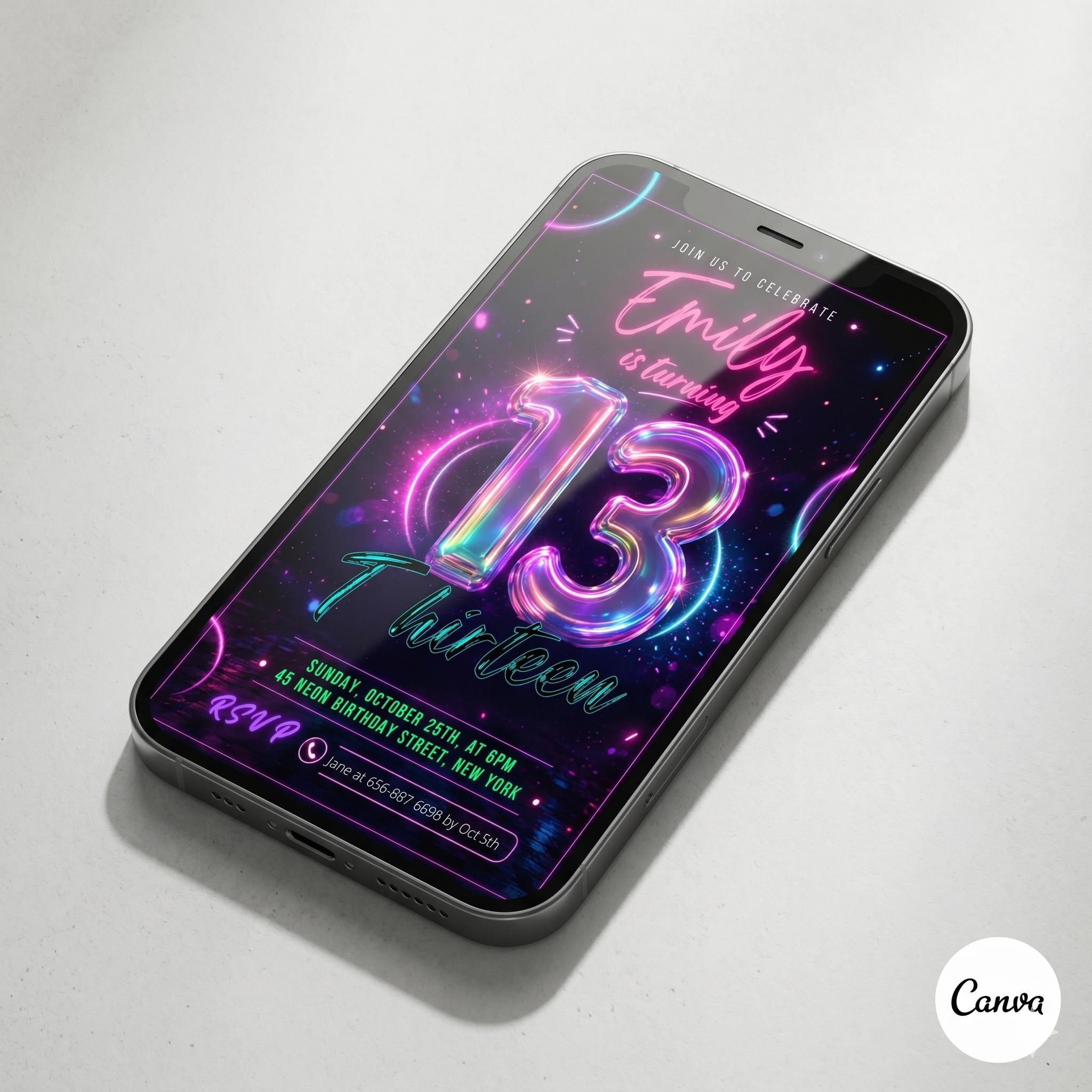 Editable 13th Birthday invitation - Girl Neon Glow Party invite Instant download template digital