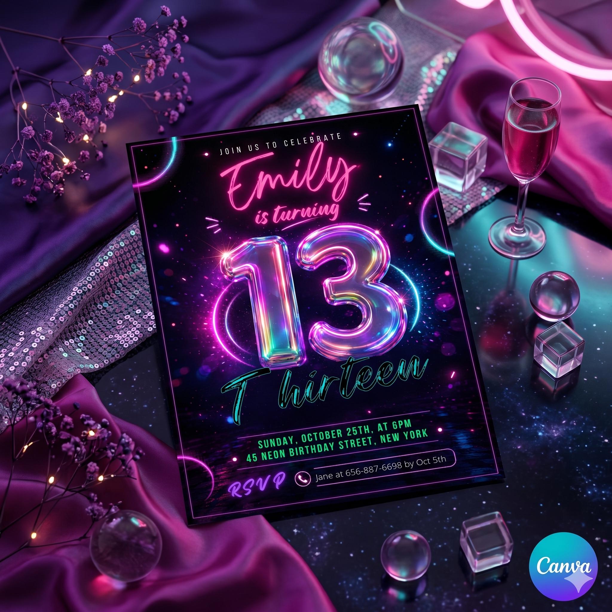Editable 13th Birthday invitation - Girl Neon Glow Party invite Instant download template digital