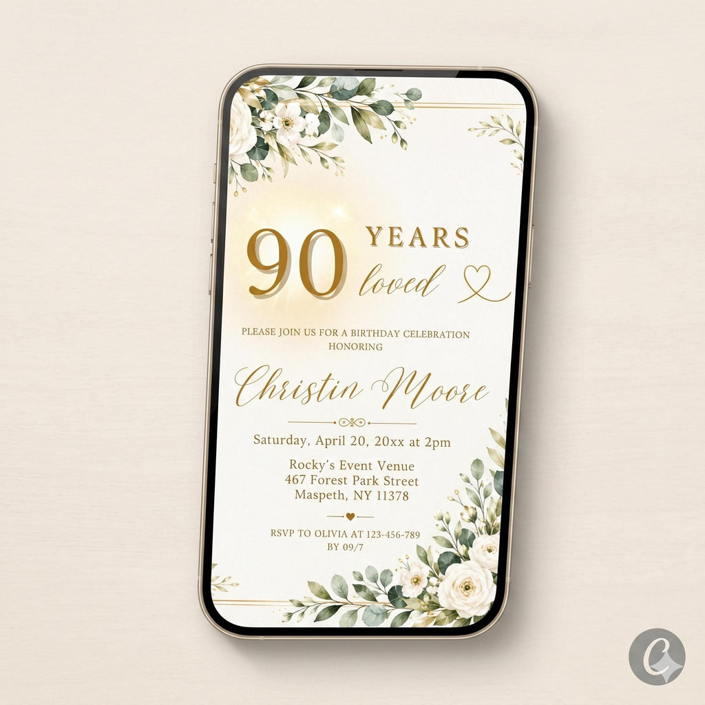 Greenery 90th Birthday Invitation, 90 Years Loved, Botanical Invite
