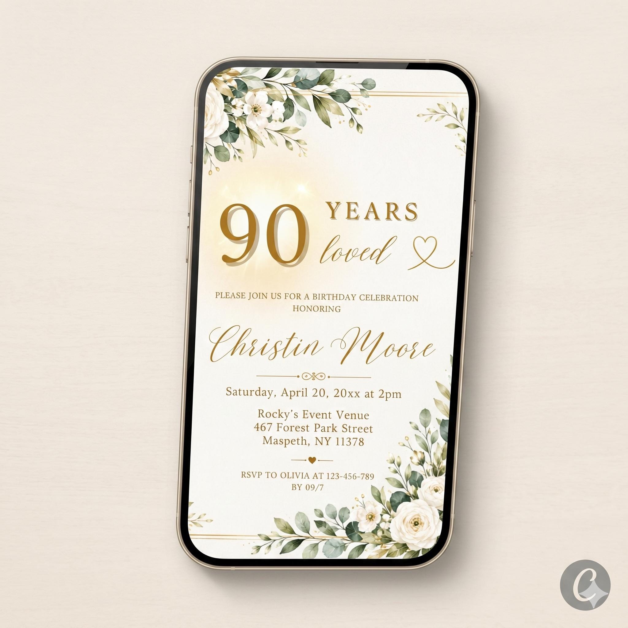 Greenery 90th Birthday Invitation, 90 Years Loved, Botanical Invite