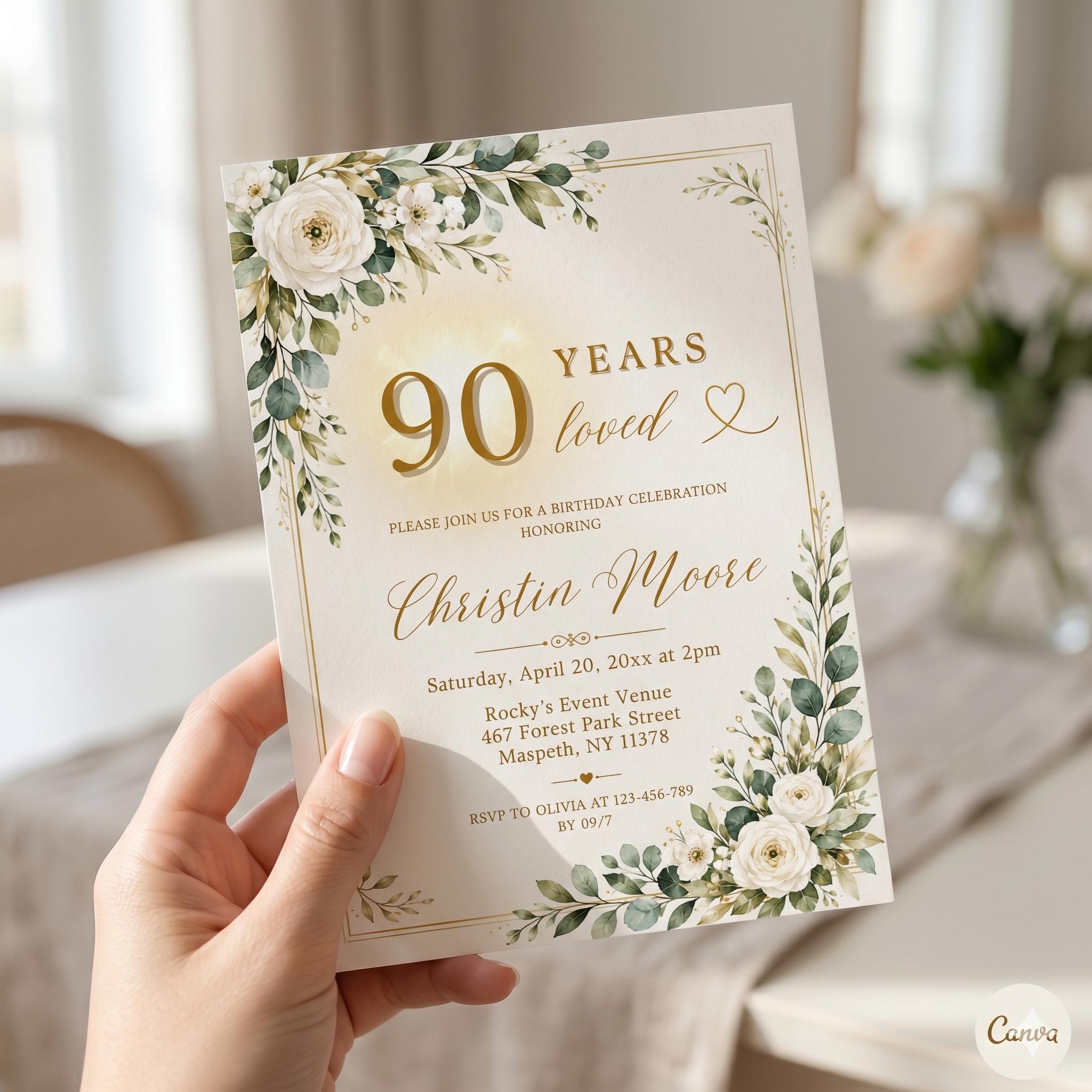 Greenery 90th Birthday Invitation, 90 Years Loved, Botanical Invite