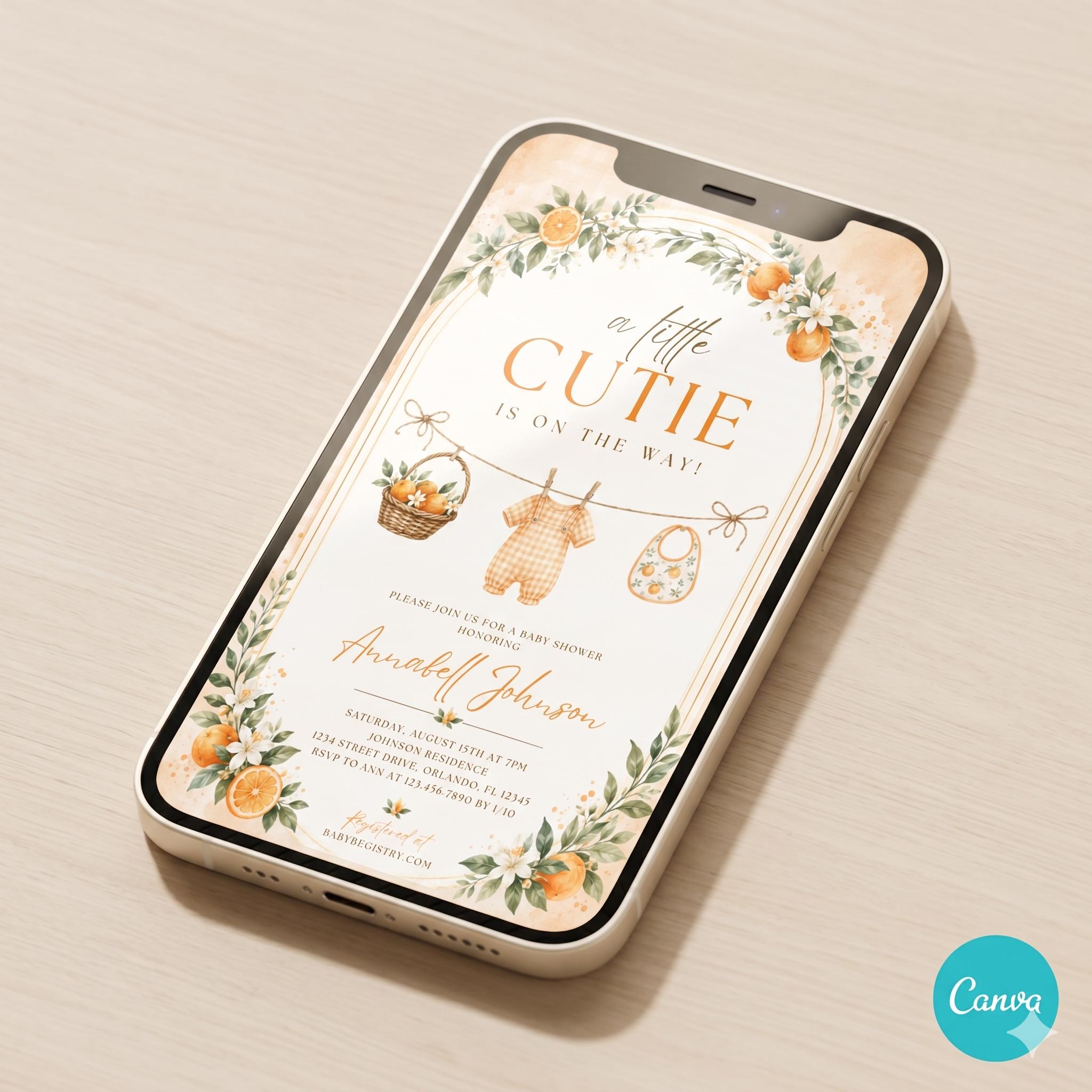 A Little Cutie Baby Shower Invitation, Gender Neutral Baby Shower Invite, Printed or Instant Editable Template