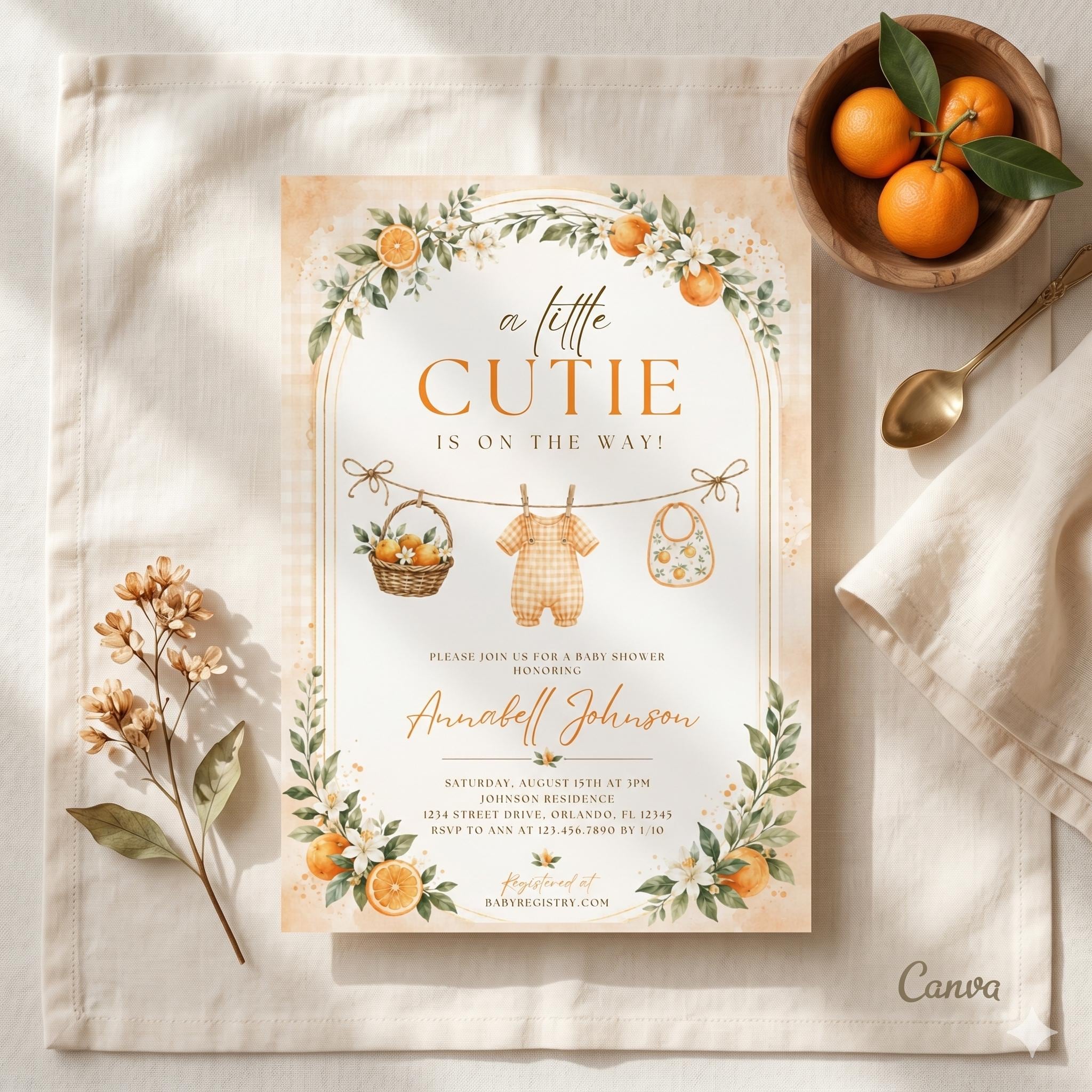 A Little Cutie Baby Shower Invitation, Gender Neutral Baby Shower Invite, Printed or Instant Editable Template