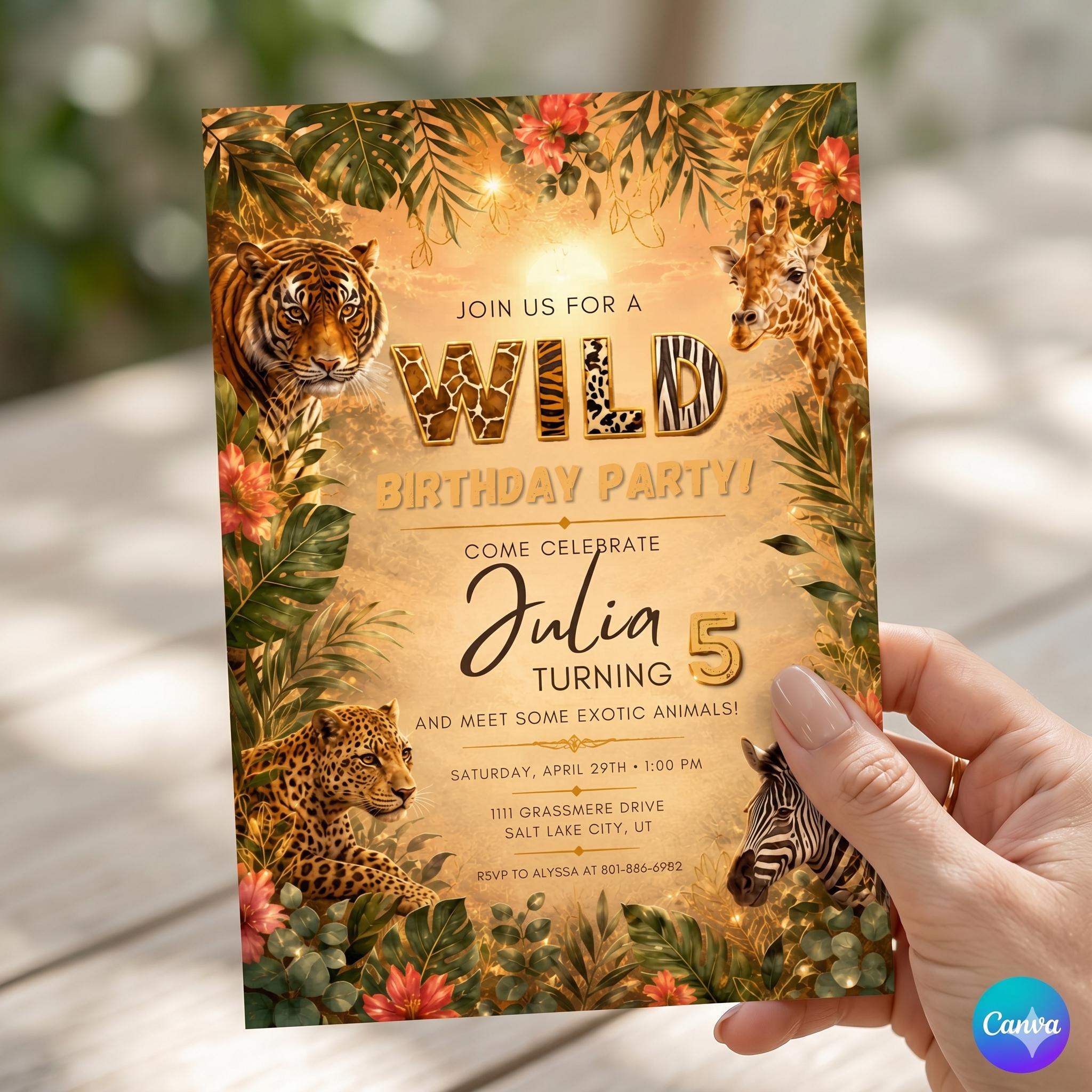 WILD Animal Birthday Invitation Jungle Animal Birthday Invite Zebra, Giraffe, Cheetah, Tiger Animal Birthday Party - Any Age, EDITABLE CANVA