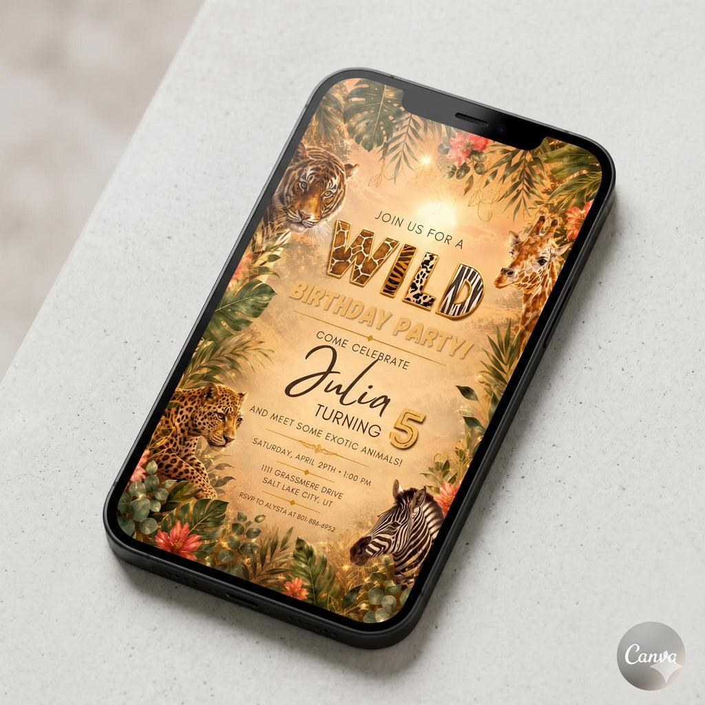 WILD Animal Birthday Invitation Jungle Animal Birthday Invite Zebra, Giraffe, Cheetah, Tiger Animal Birthday Party - Any Age, EDITABLE CANVA