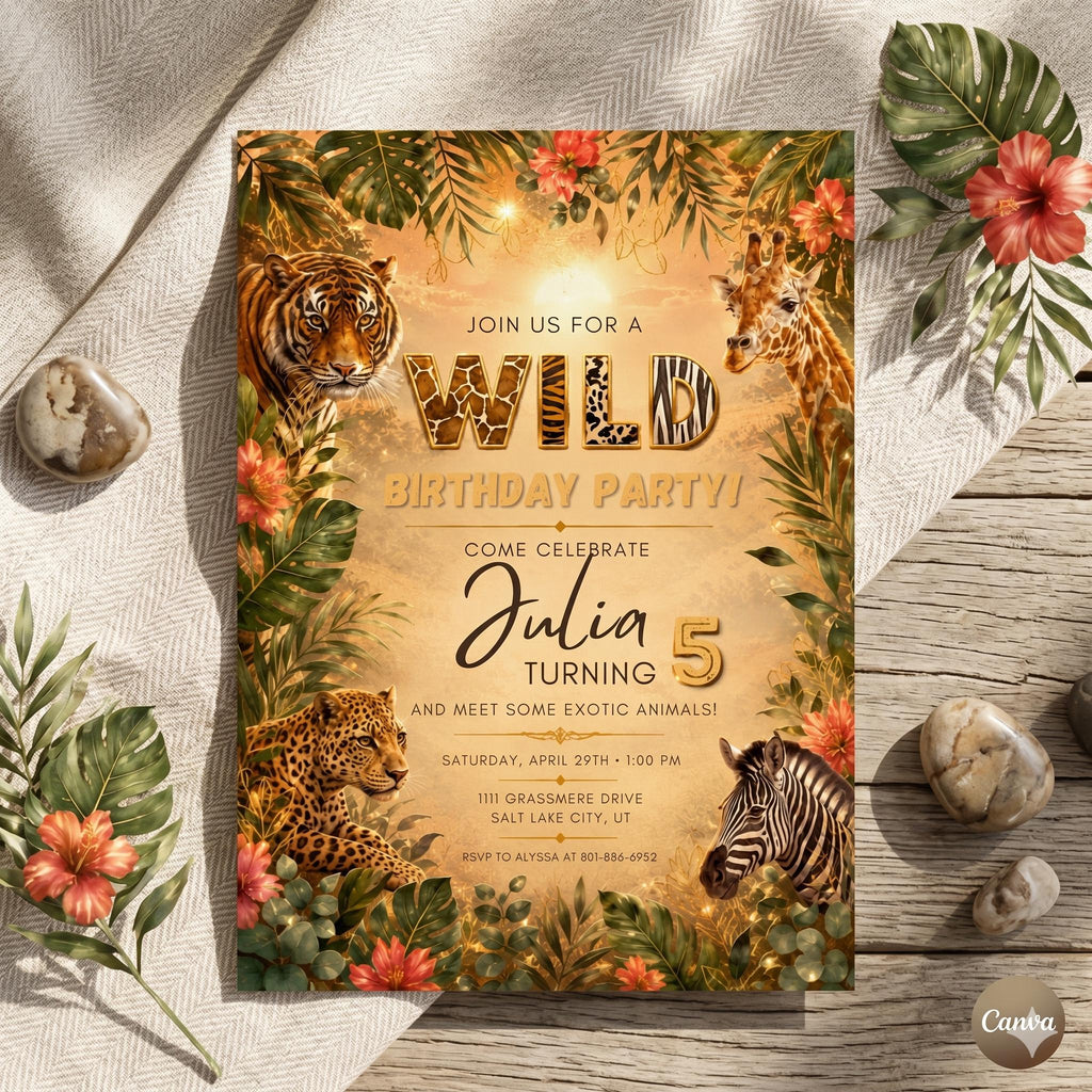 WILD Animal Birthday Invitation Jungle Animal Birthday Invite Zebra, Giraffe, Cheetah, Tiger Animal Birthday Party - Any Age, EDITABLE CANVA