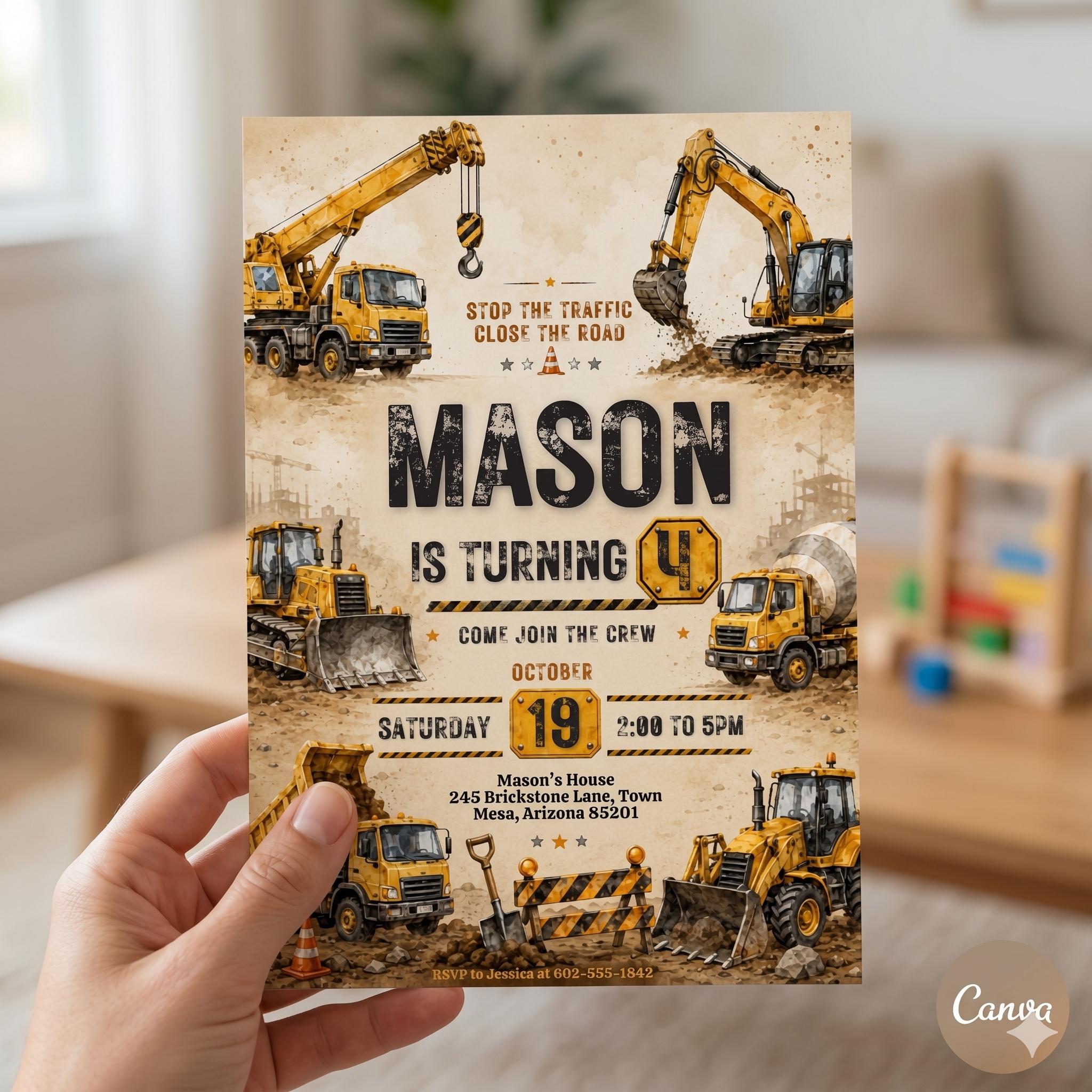 Construction Birthday Invitation: Editable Canva Template (Digital Download) , A9