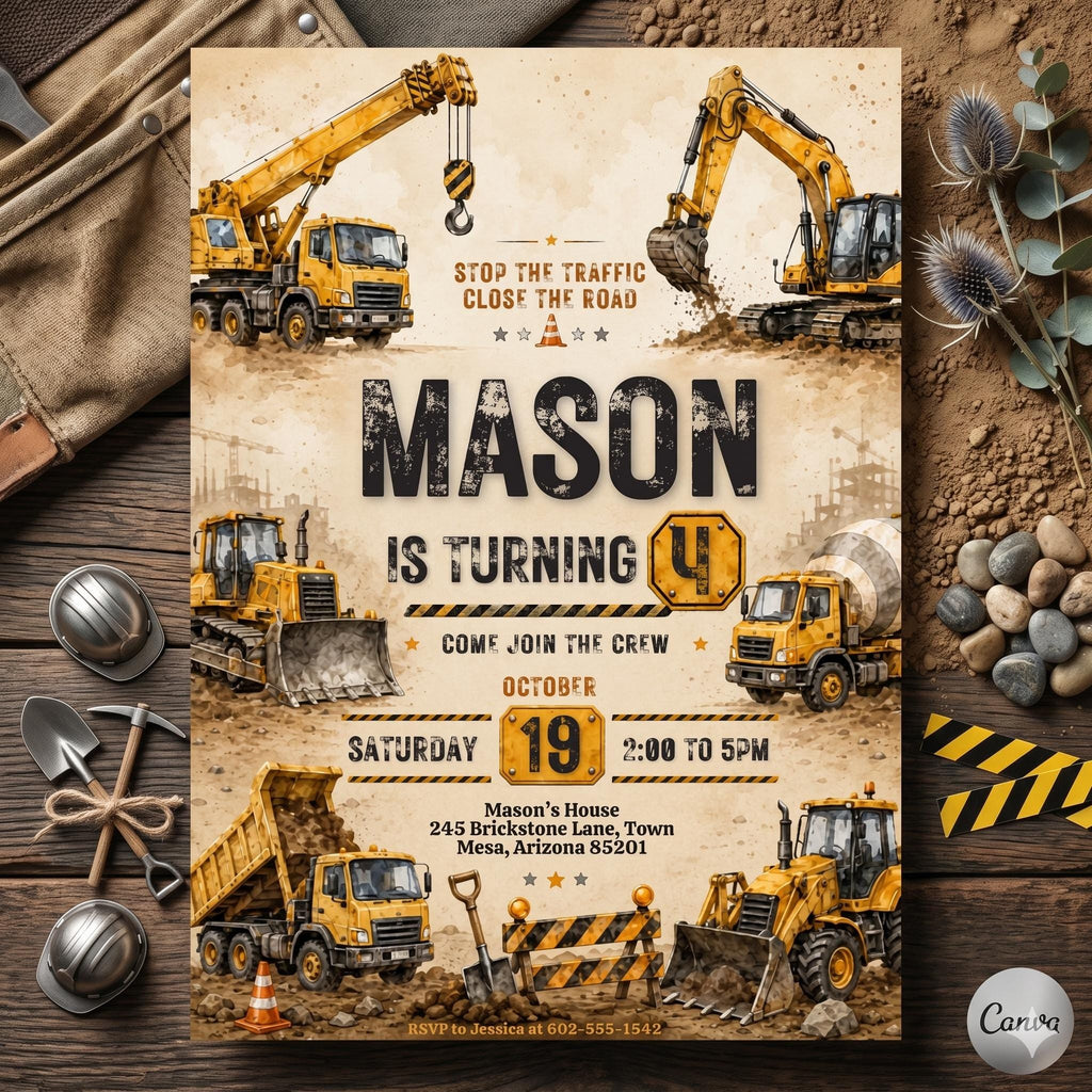 Construction Birthday Invitation: Editable Canva Template (Digital Download) , A9