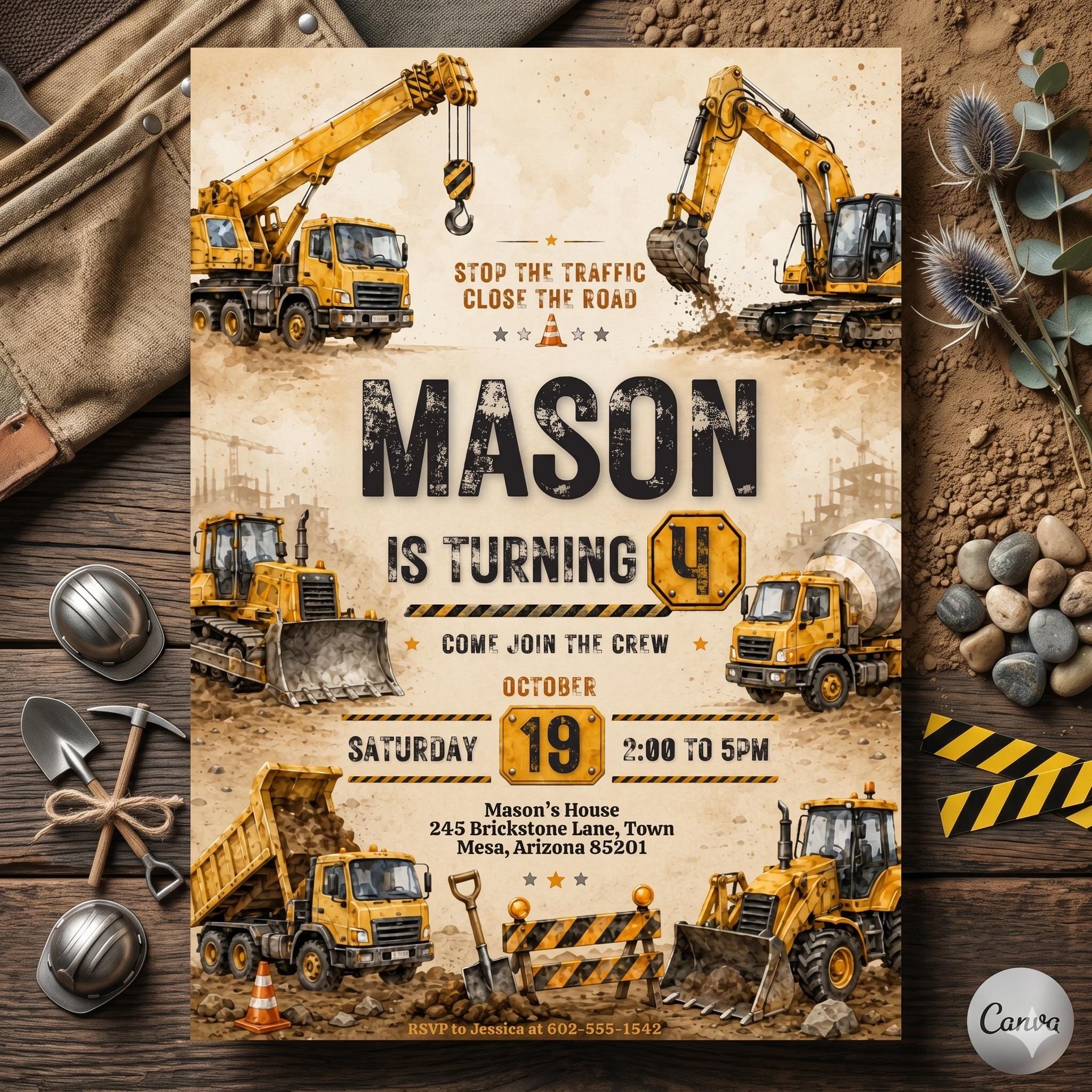 Construction Birthday Invitation: Editable Canva Template (Digital Download) , A9