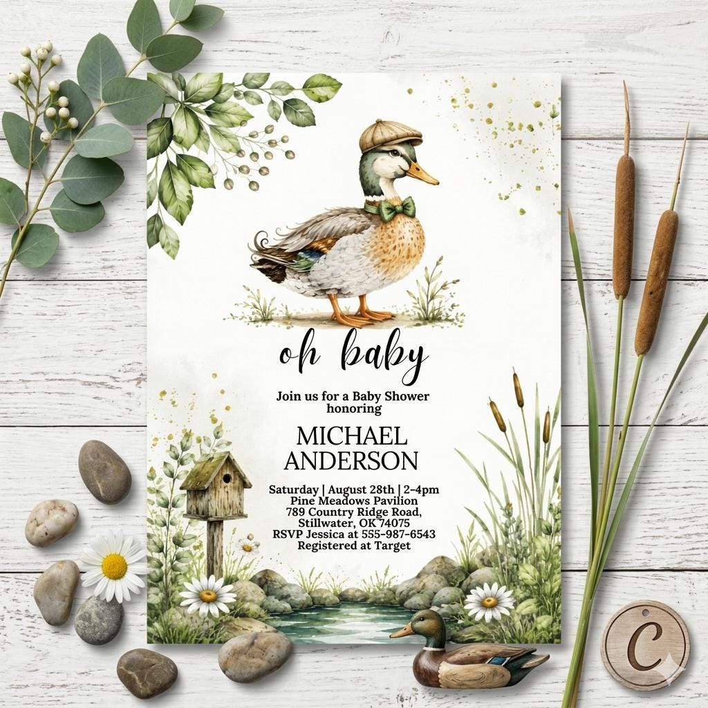Editable Mallard Duck Baby Shower Invitation, Boy Duckling Invite (Digital Download)