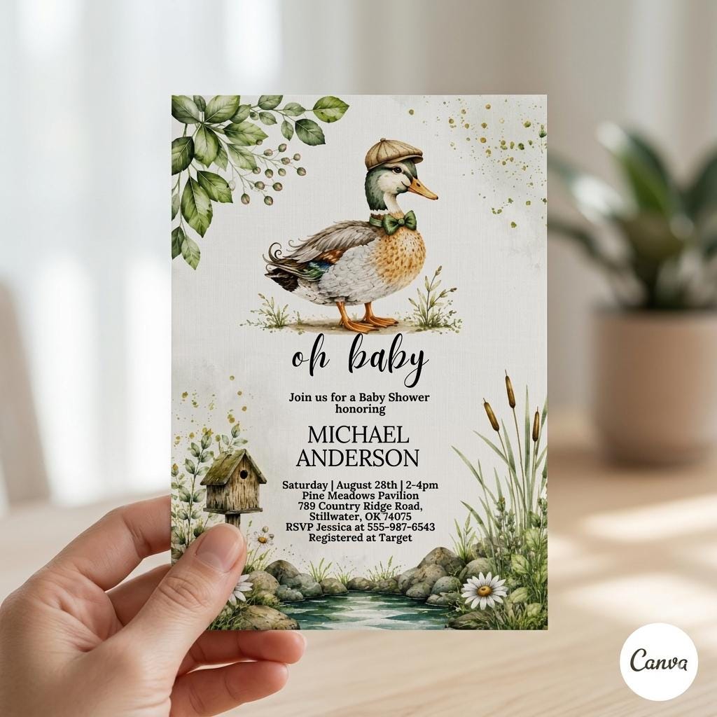 Editable Mallard Duck Baby Shower Invitation, Boy Duckling Invite (Digital Download)